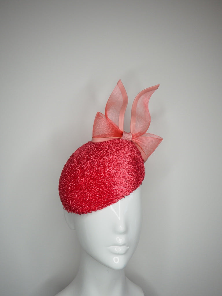 Watermelon Sugar- Watermelon coloured vintage straw cloth beret with leather edged flamingo pink crinoline bow.