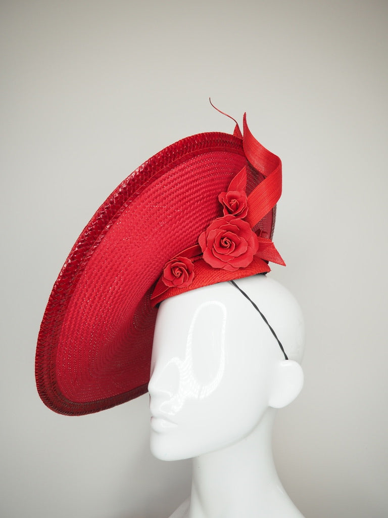 Fever dreams - Red buntal straw curved saucer brim with rose vine and jinsin swirls