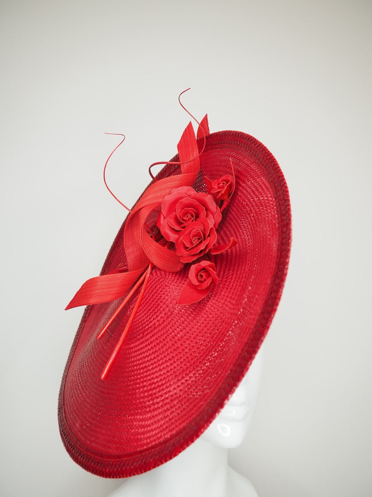 Fever dreams - Red buntal straw curved saucer brim with rose vine and jinsin swirls