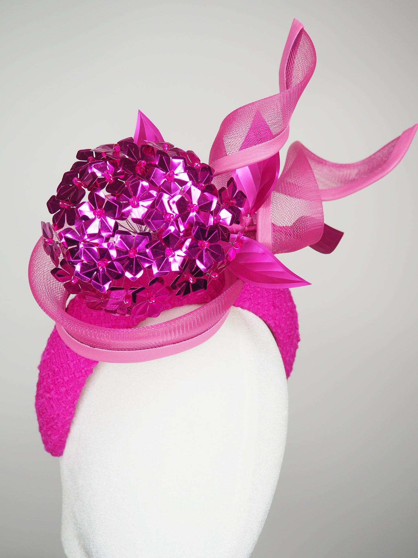 Magenta Mystery - Magenta tweed 3d headband with crinoline swirl and sequin flower ball