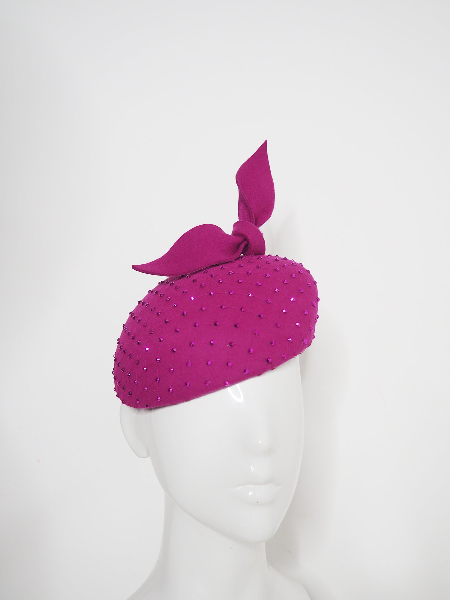 Magenta mischief - wool felt Magenta facehugger beret with hand dyed veil and magenta crystals