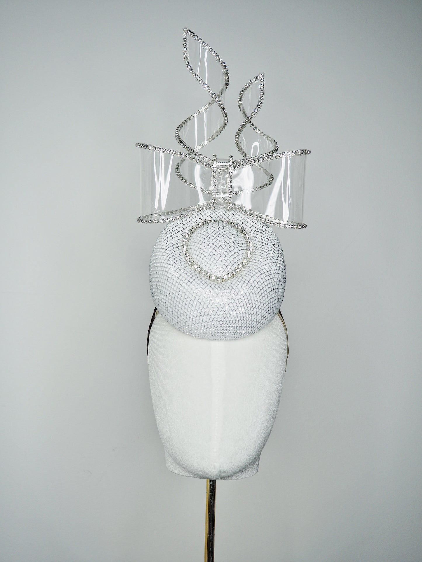 Bow & Grace - white and silver lurex Pork pie pillbox with embellihed crystoform bow
