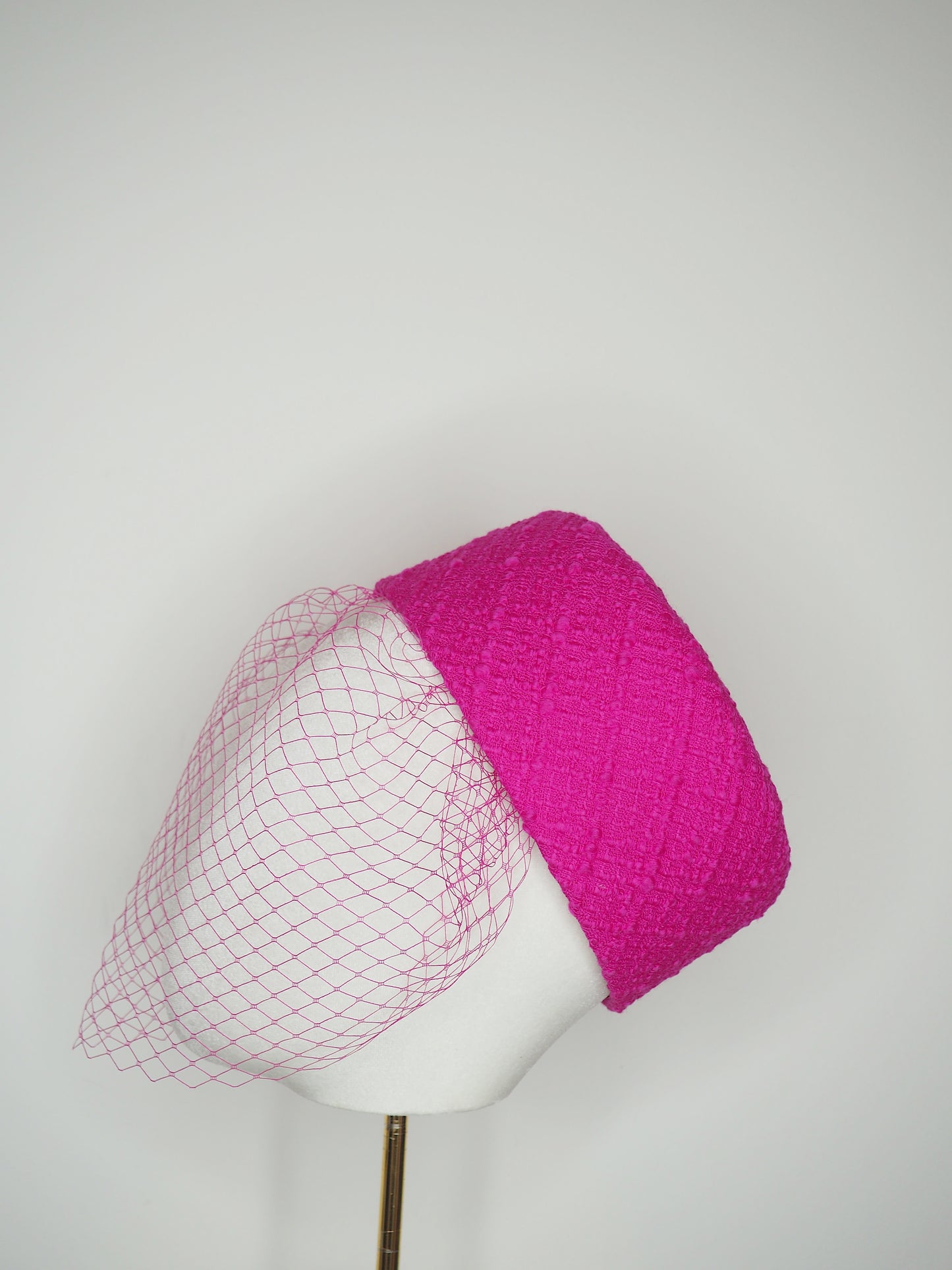 Jackie O-Hot pink Tweed with leather insert and crystal veil detail with detachable veil