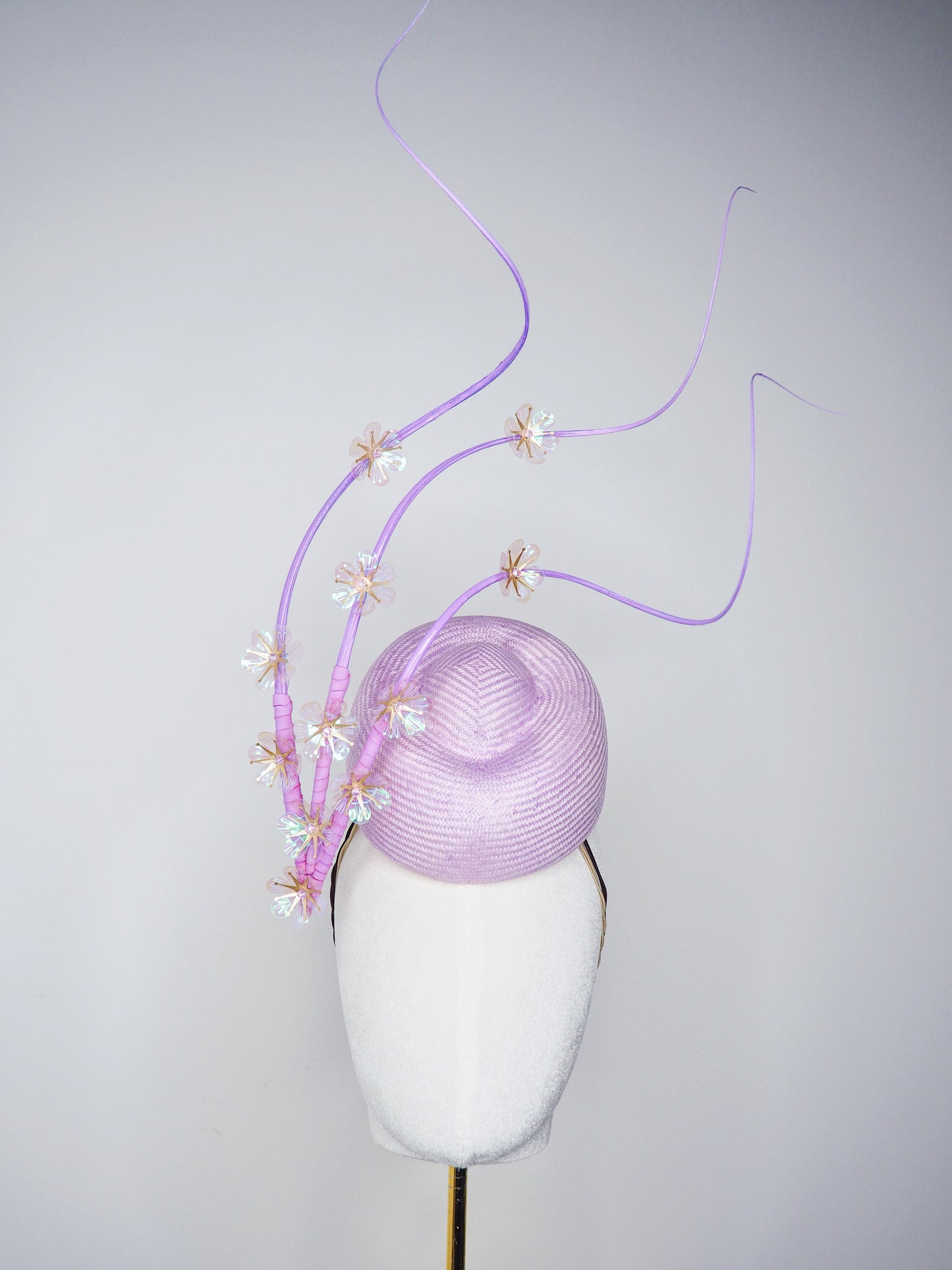 Blossoms in Flight - Pastel lilac pork pie pillbox with floating quills and iridescent cherry blossom detail