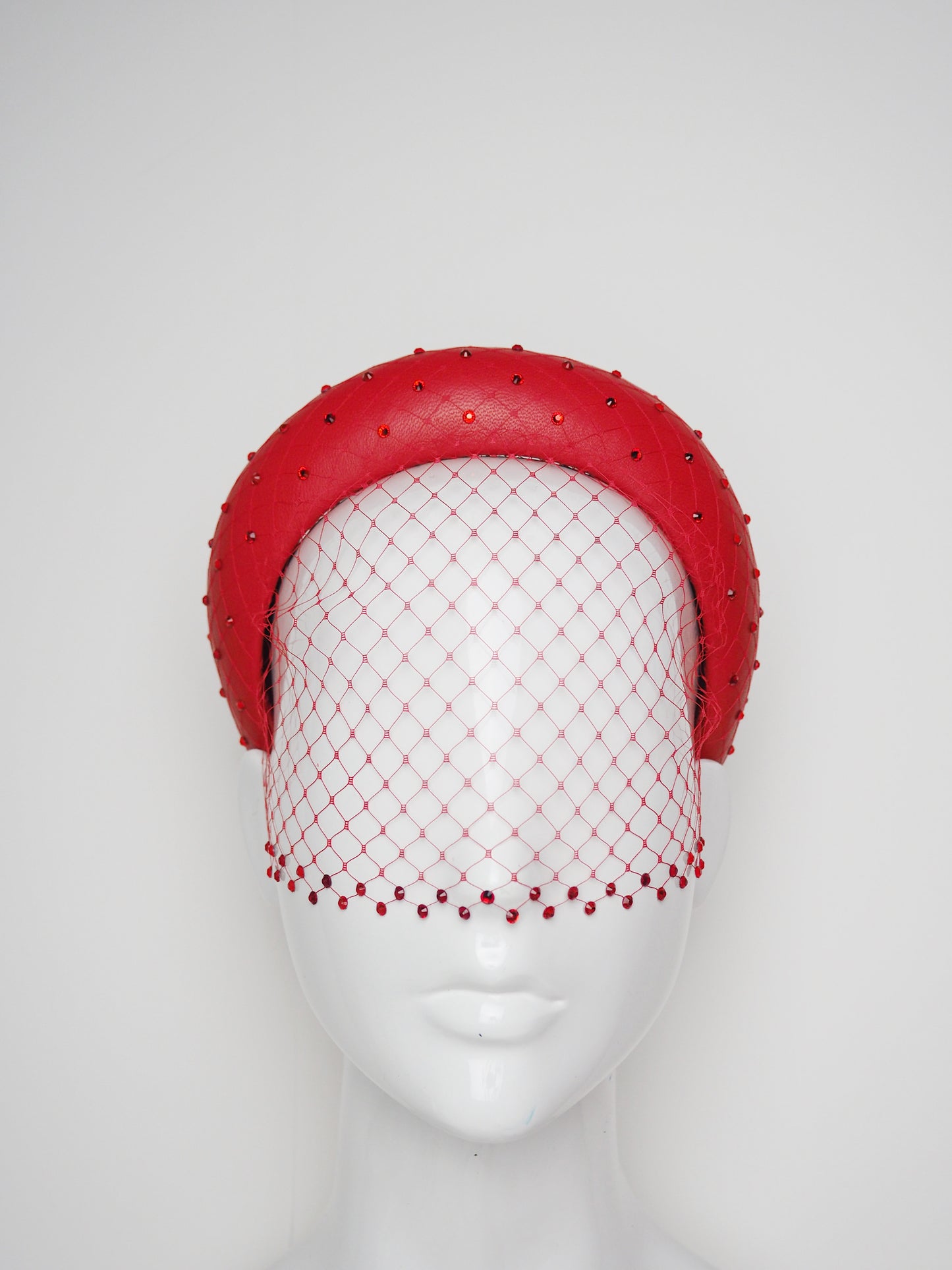 Mia - Sparkle - Red leather 3d Blocked headband with veil and crystals with removable veil headband