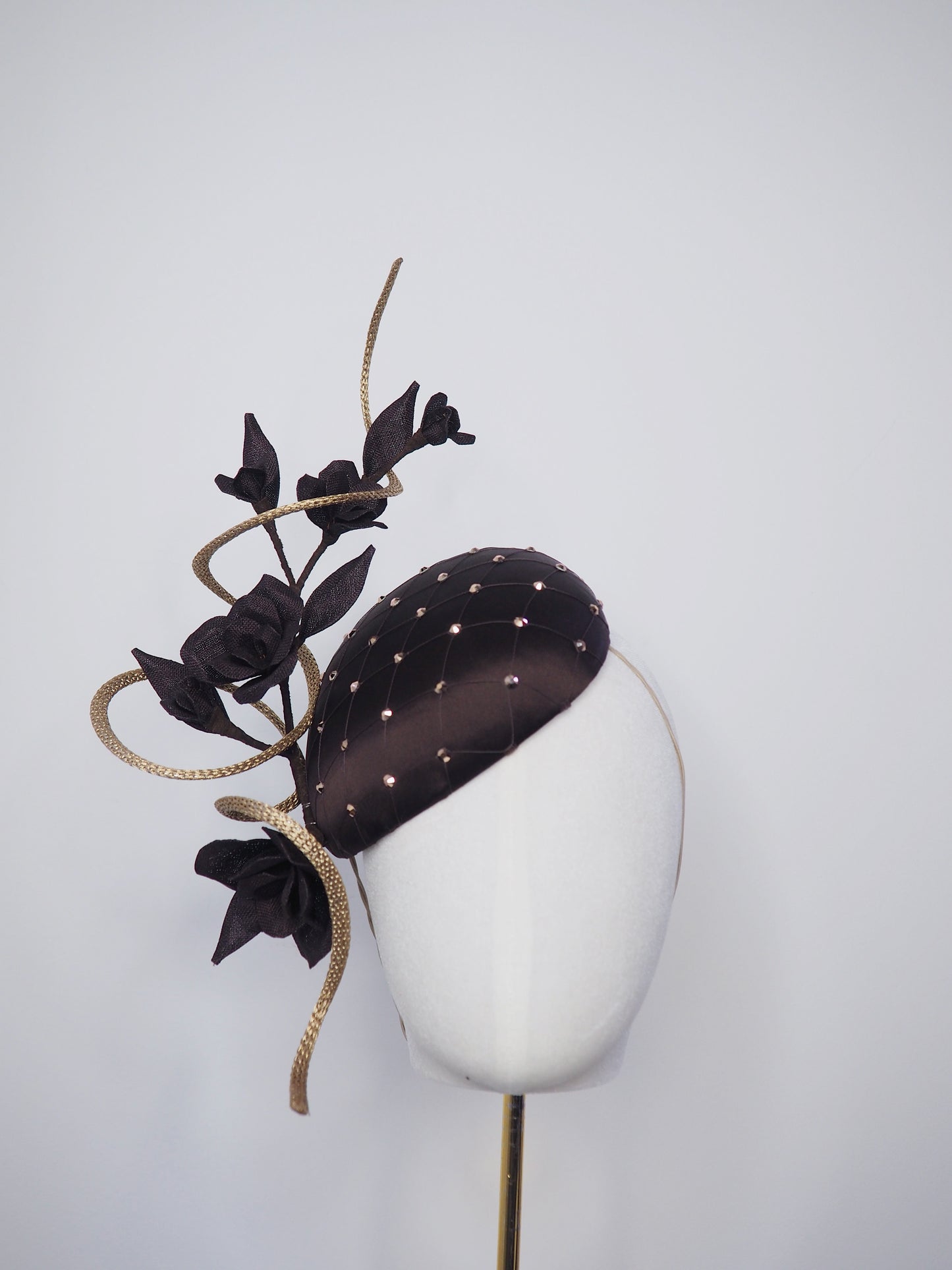 Cocoa Latte - Petite chocolate brown silk facehugger with vintage veil and rose gold crystal detail, sculpted wired swirl, and vintage straw roses