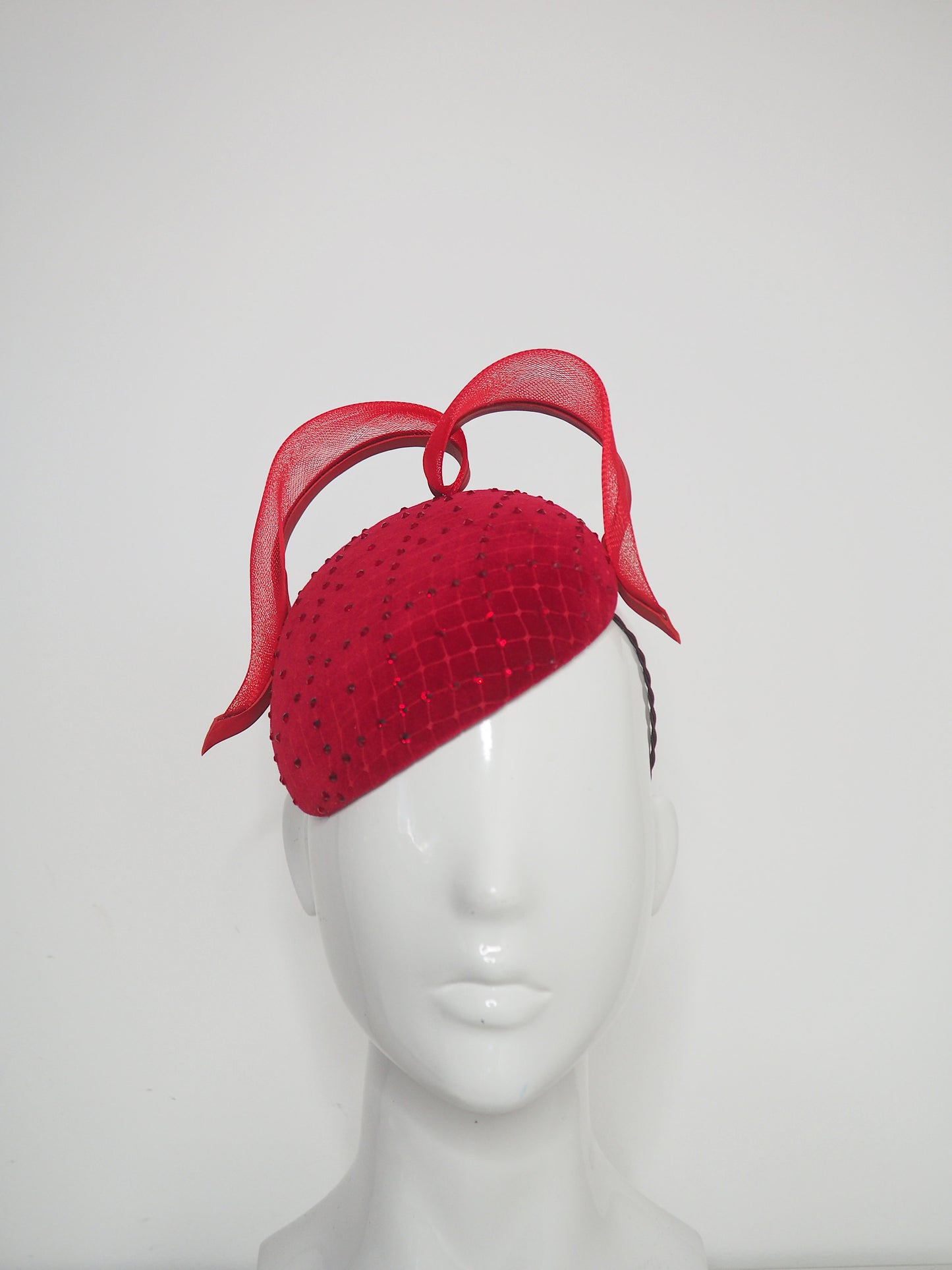 Petite Heart - Petite red velvet face hugger with cross hatch diamanté and veil detail an heart crin swirl