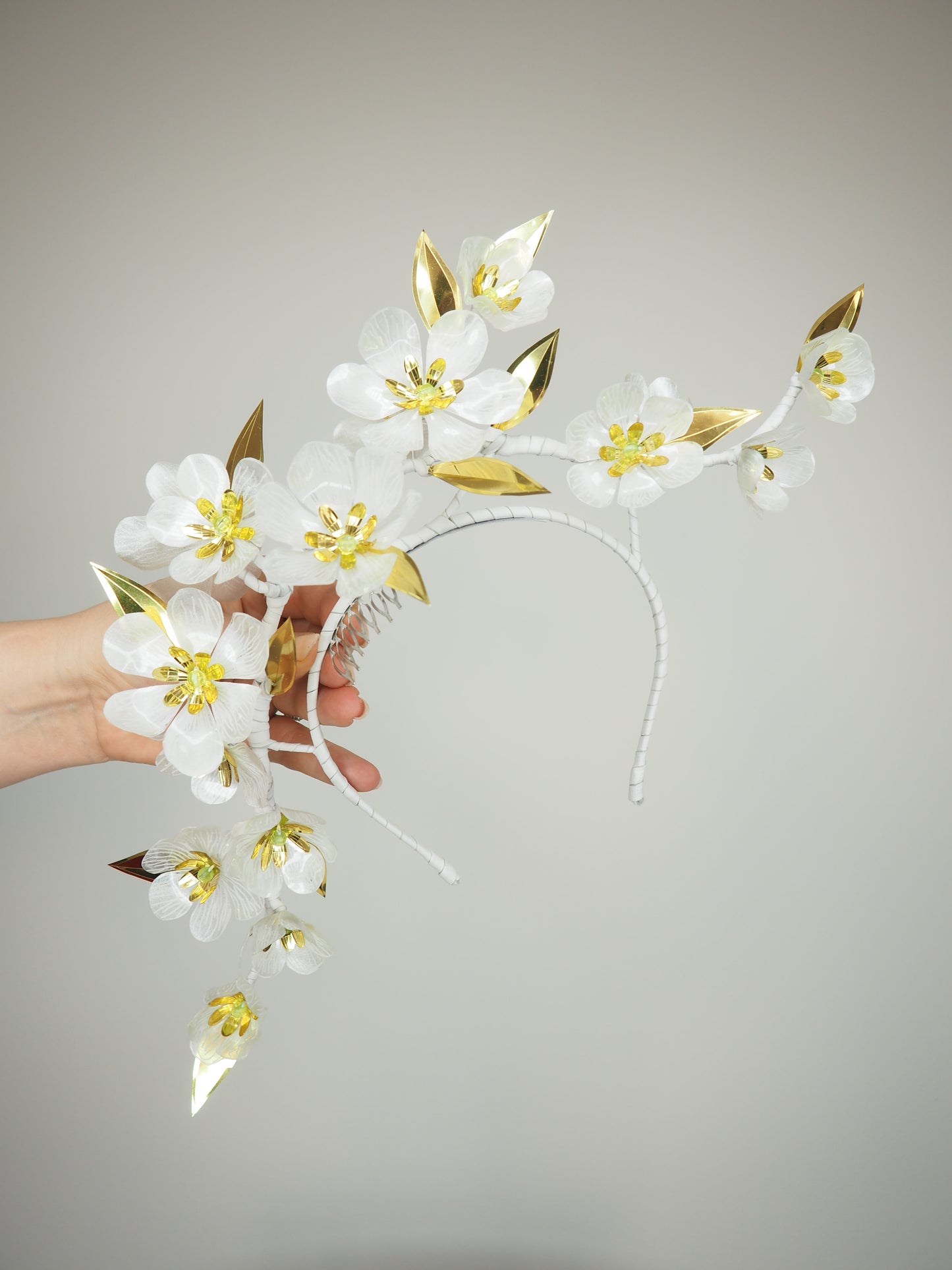 Dancing Diphylleia - Cascading skeleton flowers dancing across a leather wrapped headband