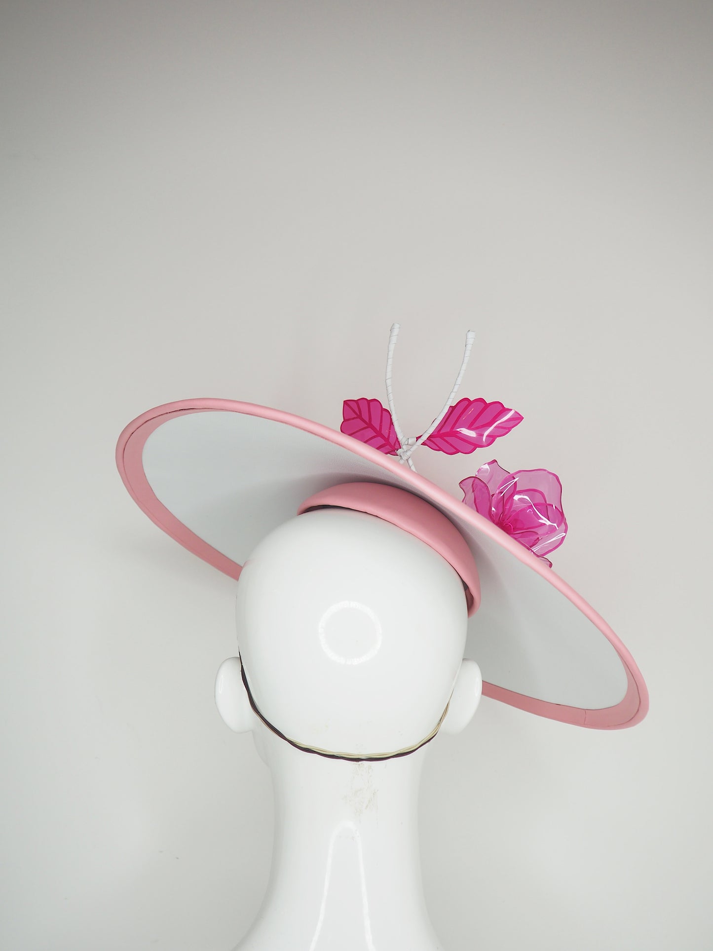 Pastel with a pop - Baby pink and white leather Coolie brim with shades of pink crystoform rose