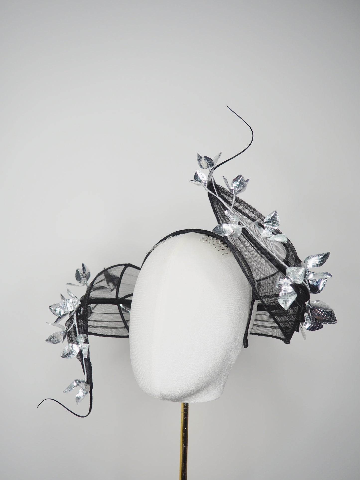Twilight blossom - Sculptural wire pleated crinoline swirl headband with silver floral accent