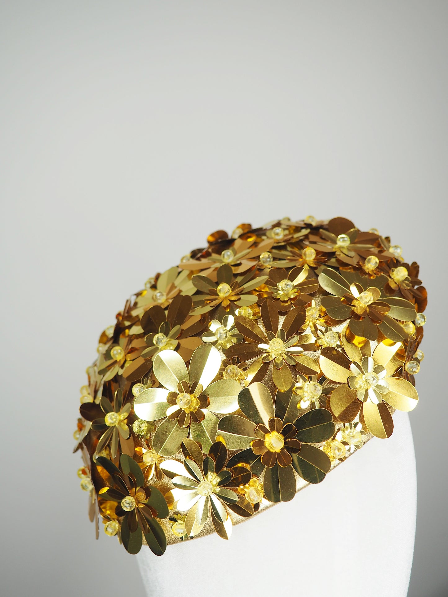 Blossom - Gold Two toned beaded Sequin flower on gold fabric beret
