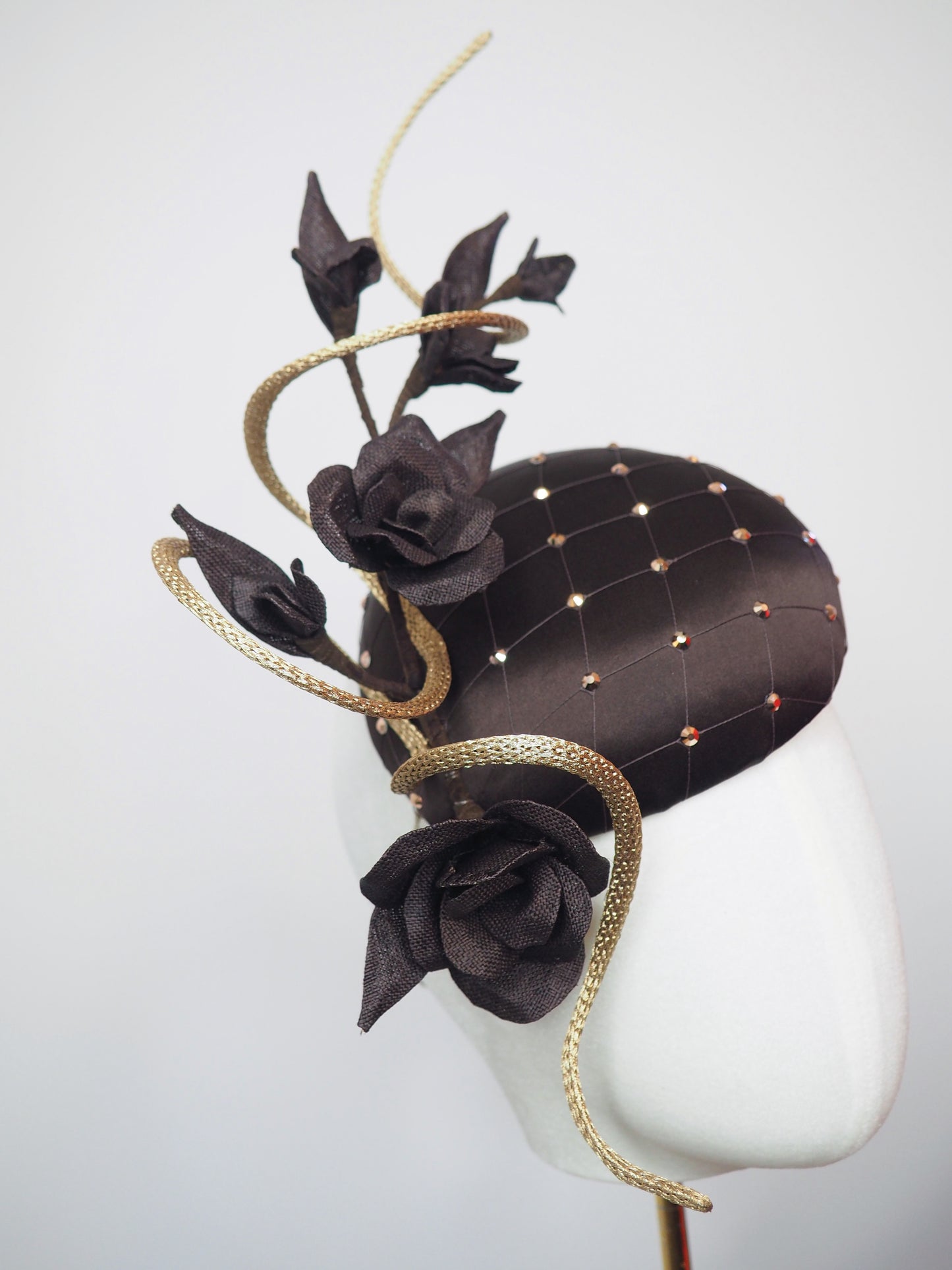 Cocoa Latte - Petite chocolate brown silk facehugger with vintage veil and rose gold crystal detail, sculpted wired swirl, and vintage straw roses