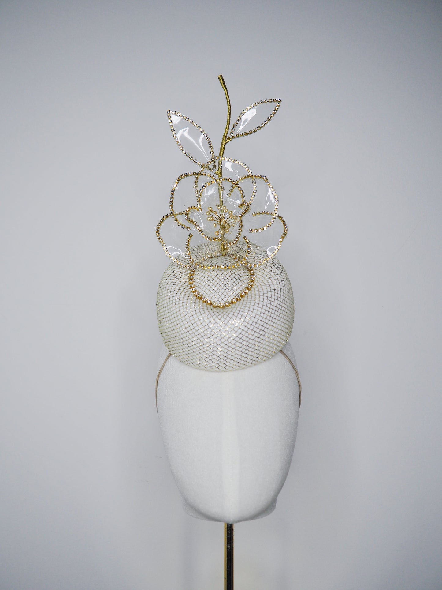 Golden Hour Rose - Pale gold lurex pork pie pillbox with gold diamante chain detail and a diamante encrusted crystoform rose