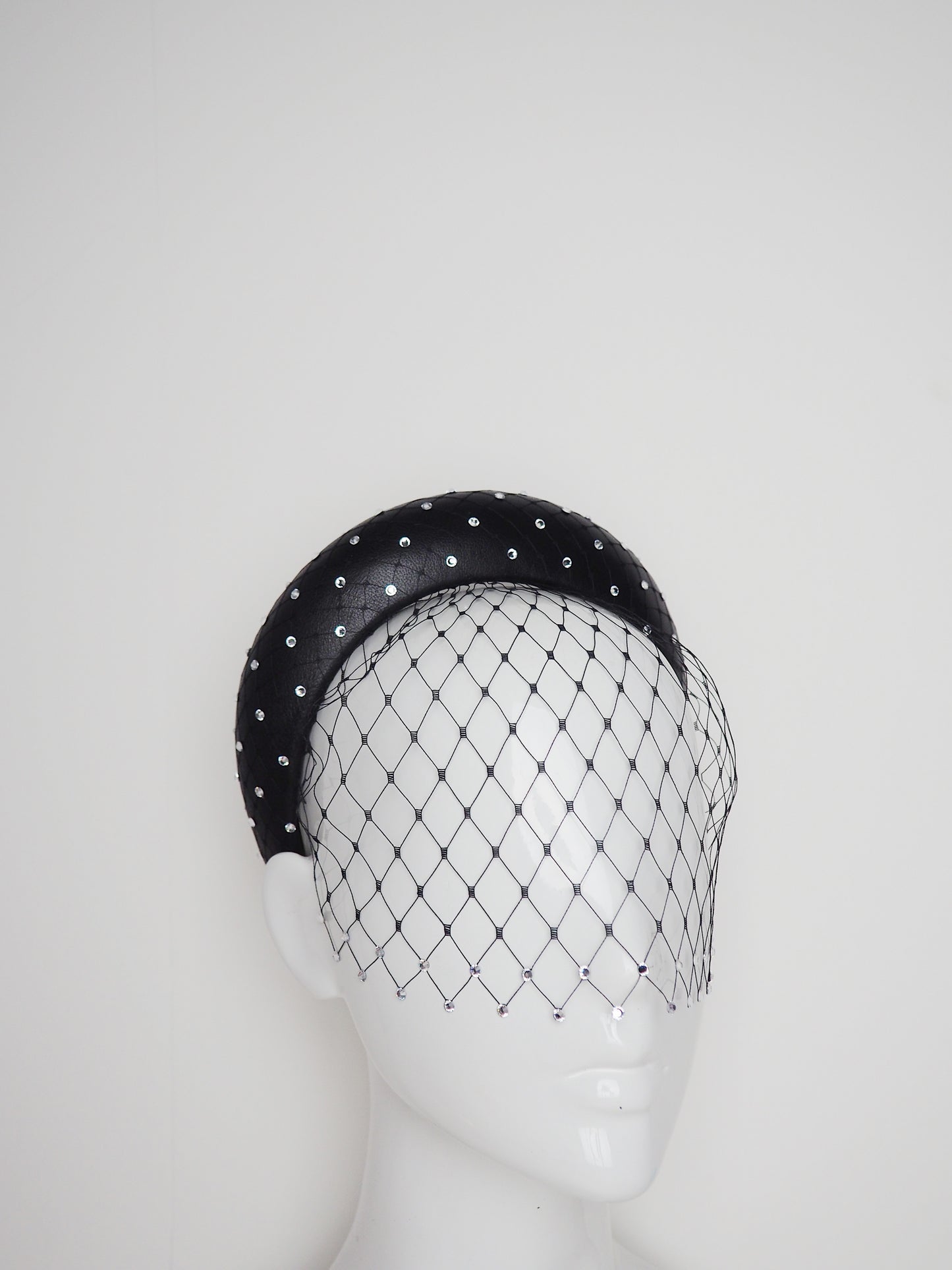 Mia - Sparkle - Black leather 3d Blocked headband with veil and crystals with removable veil headband
