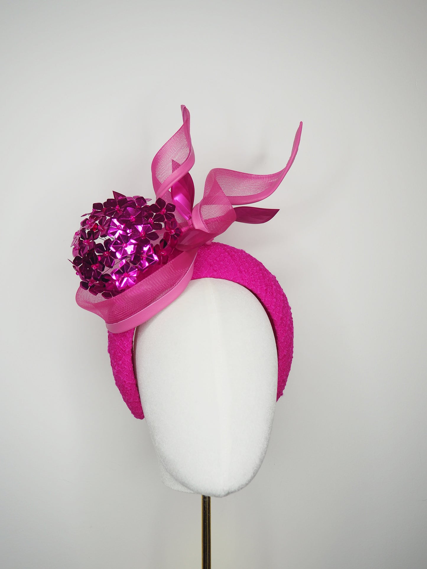 Magenta Mystery - Magenta tweed 3d headband with crinoline swirl and sequin flower ball