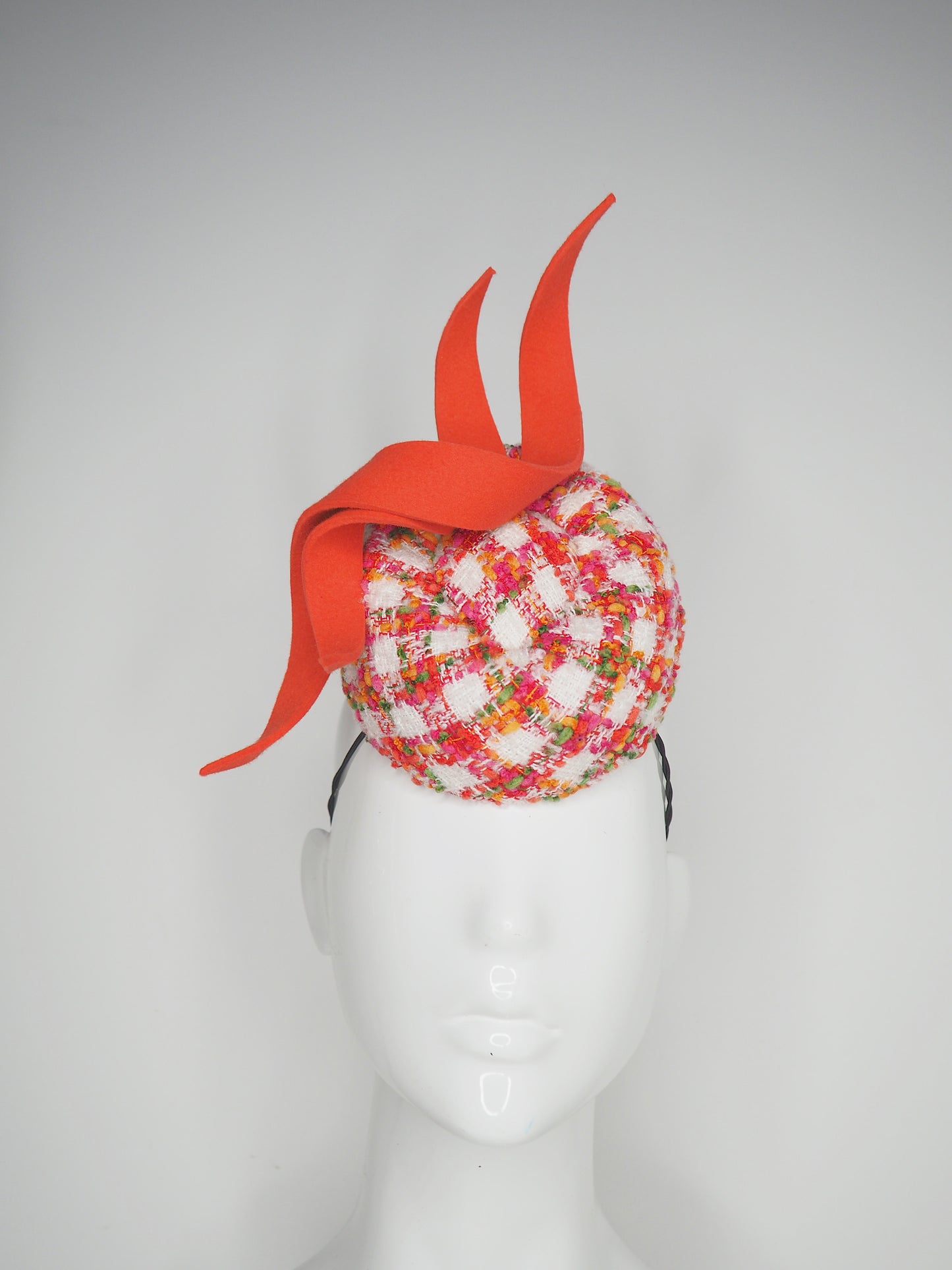 Coral pop - Multicolour tweed pork pie pillbox with coral fur felt swirls.