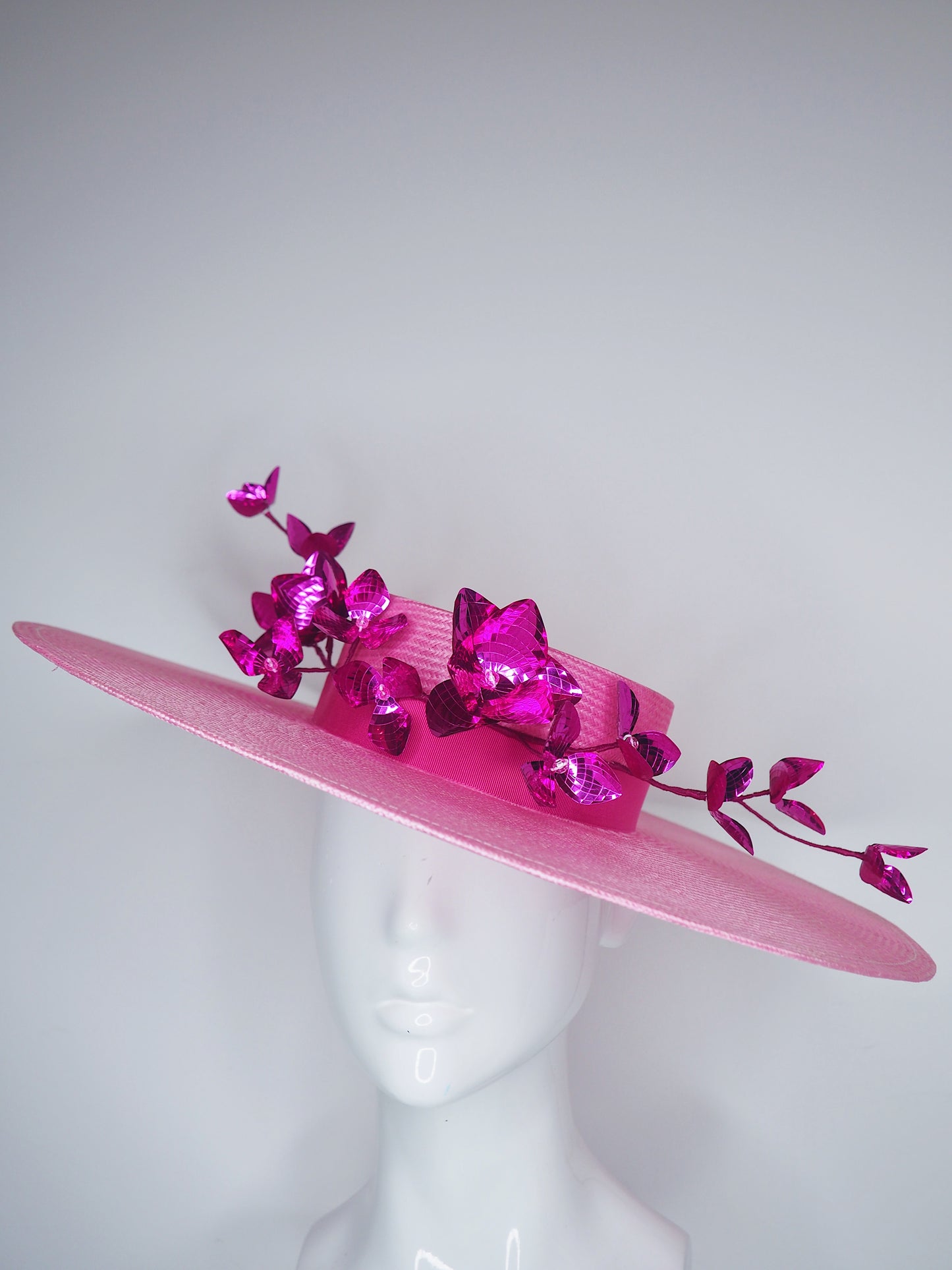 Shades of pink - Wide brimmed boater with shallow crown and magenta blossom vine