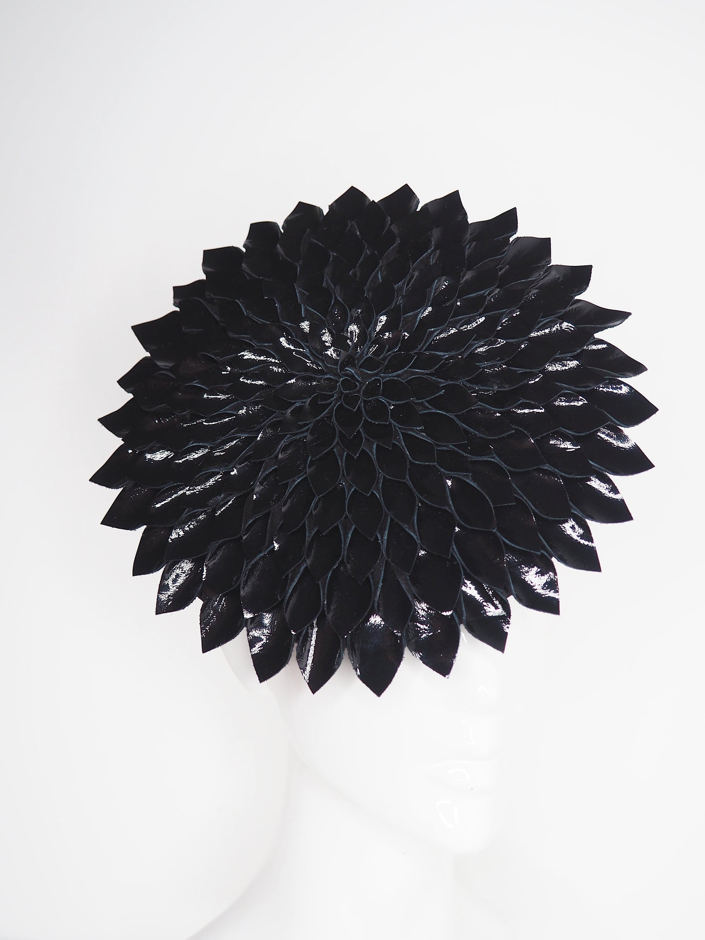 Dahlia - Black Patent Leather Percher disc with leather petal detail
