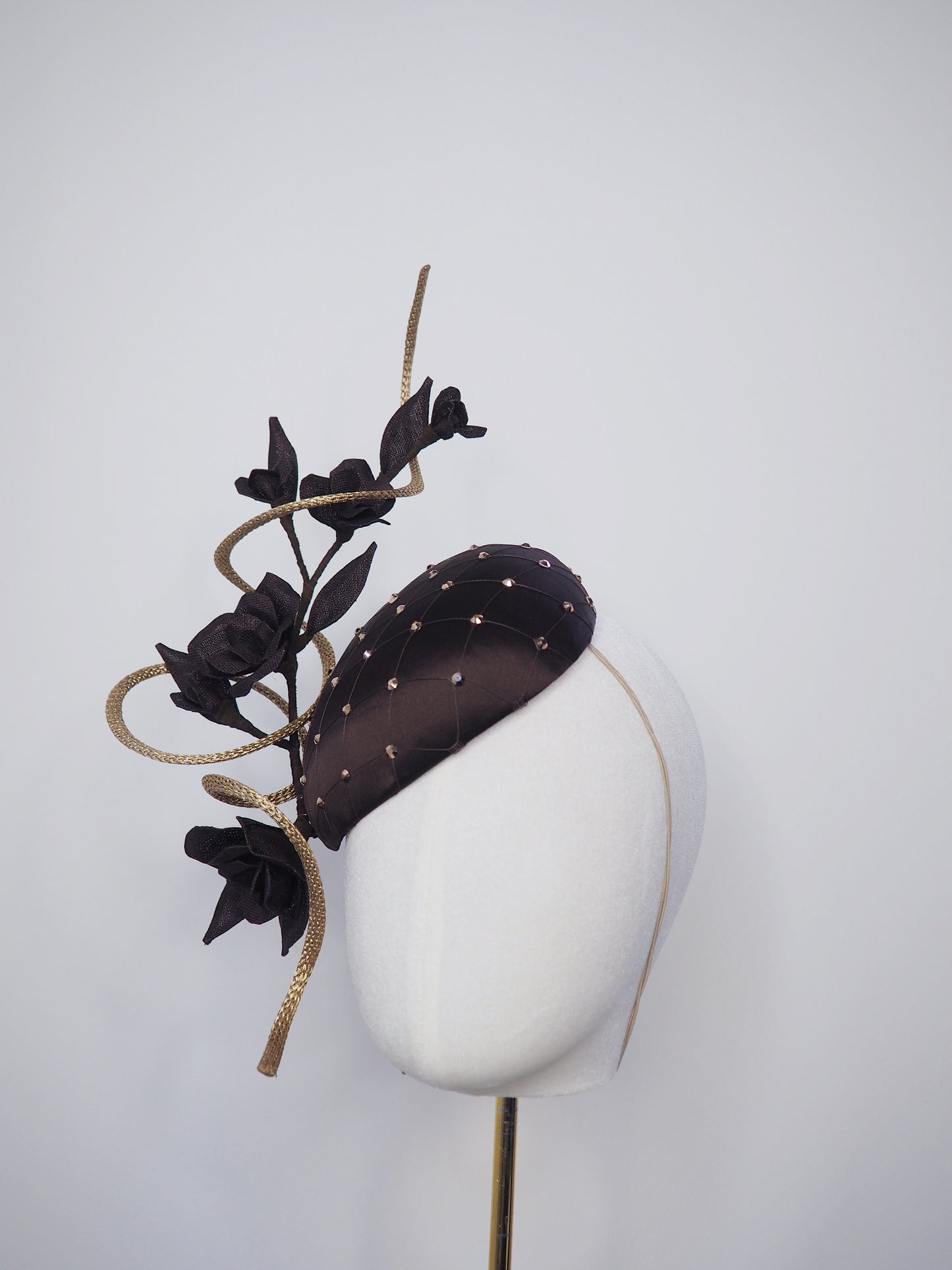 Cocoa Latte - Petite chocolate brown silk facehugger with vintage veil and rose gold crystal detail, sculpted wired swirl, and vintage straw roses