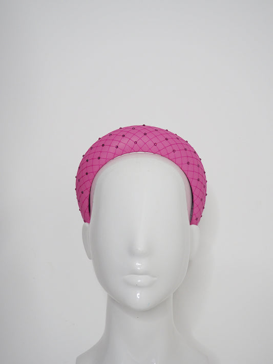 Mia - Sparkle - candy pink leather 3d blocked headband with veil and crystal detail