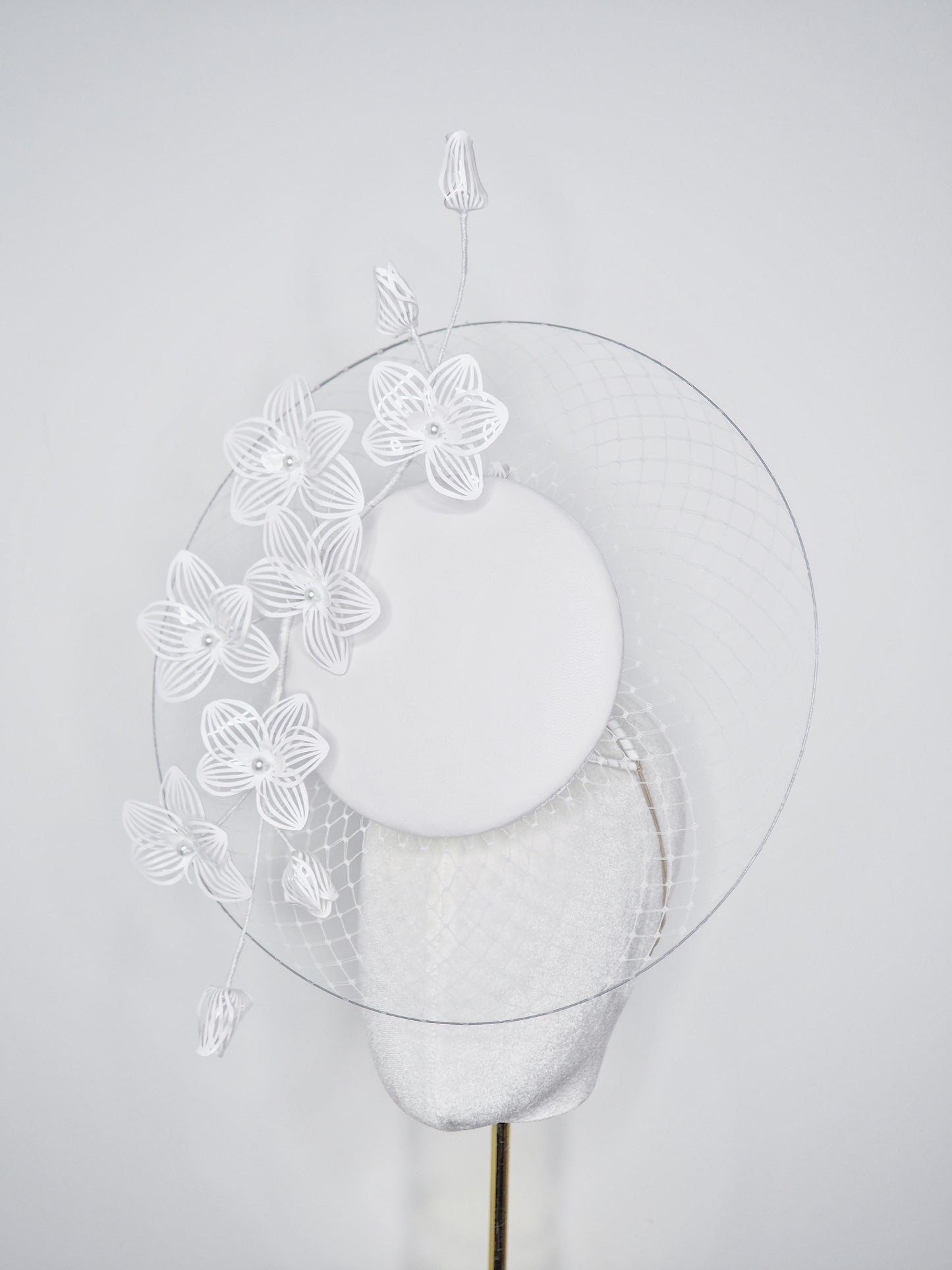Orchid Whisper Veil Percher - Veiled brim white leather percher with crystoform orchids
