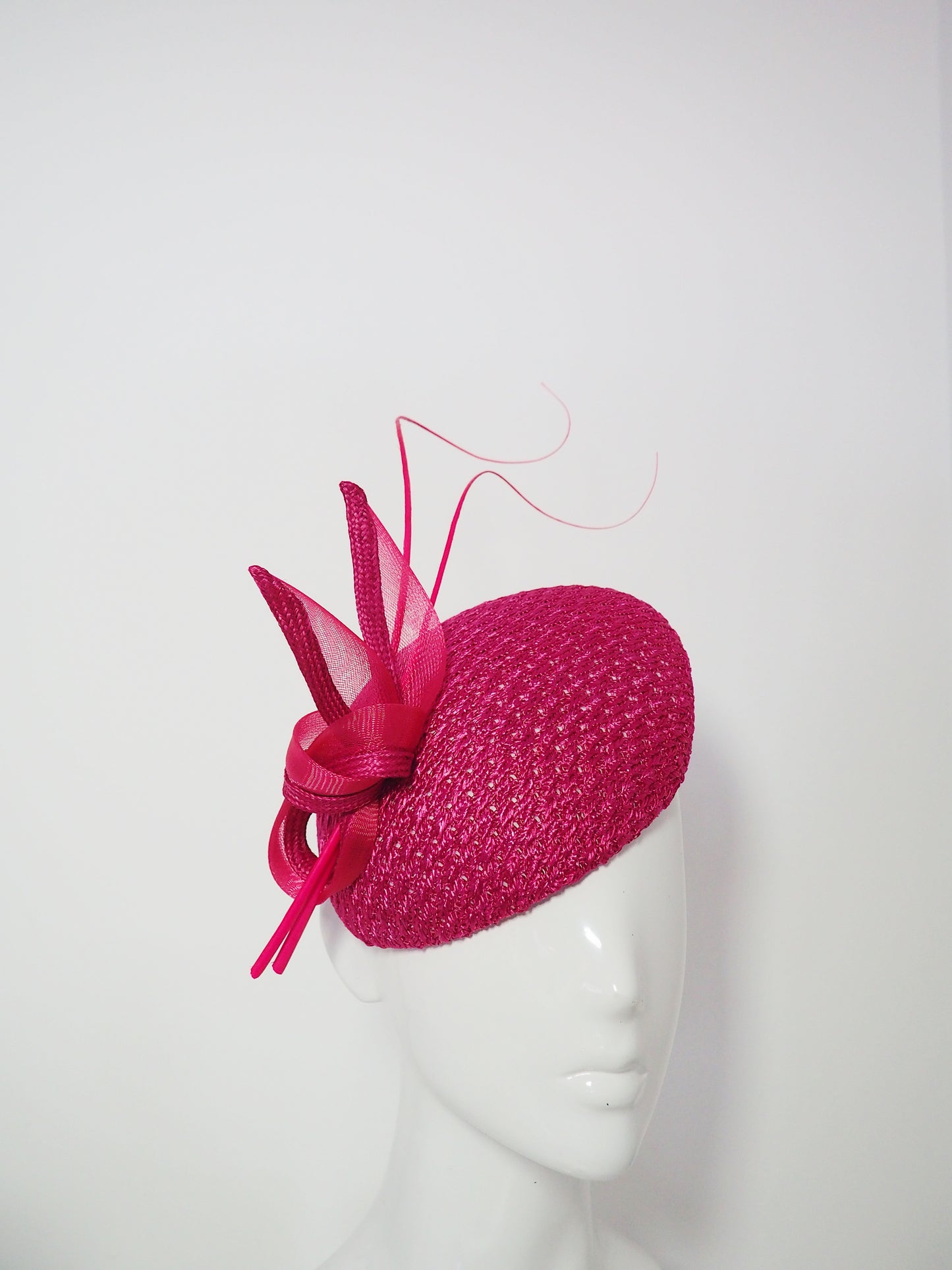 Raspberry Beret - Raspberry pink vintage straw cloth with crinoline and straw knot and quills.