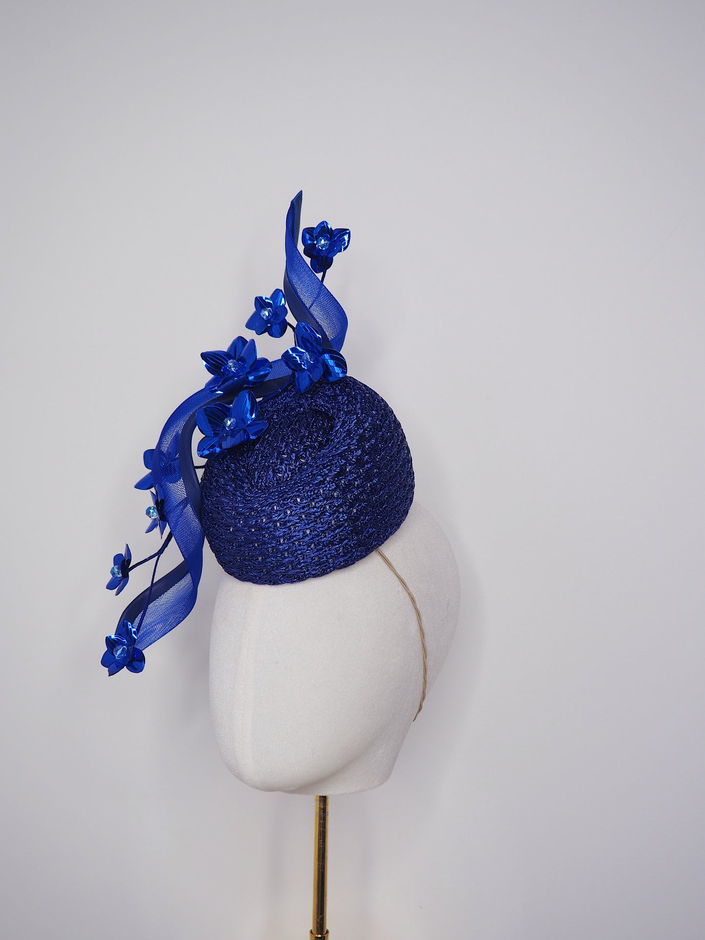 Deep Blue Bloom - Rare hand dyed vintage straw cloth pork pie pillbox with blue crinoline swirl and blue metallic blossom detailing