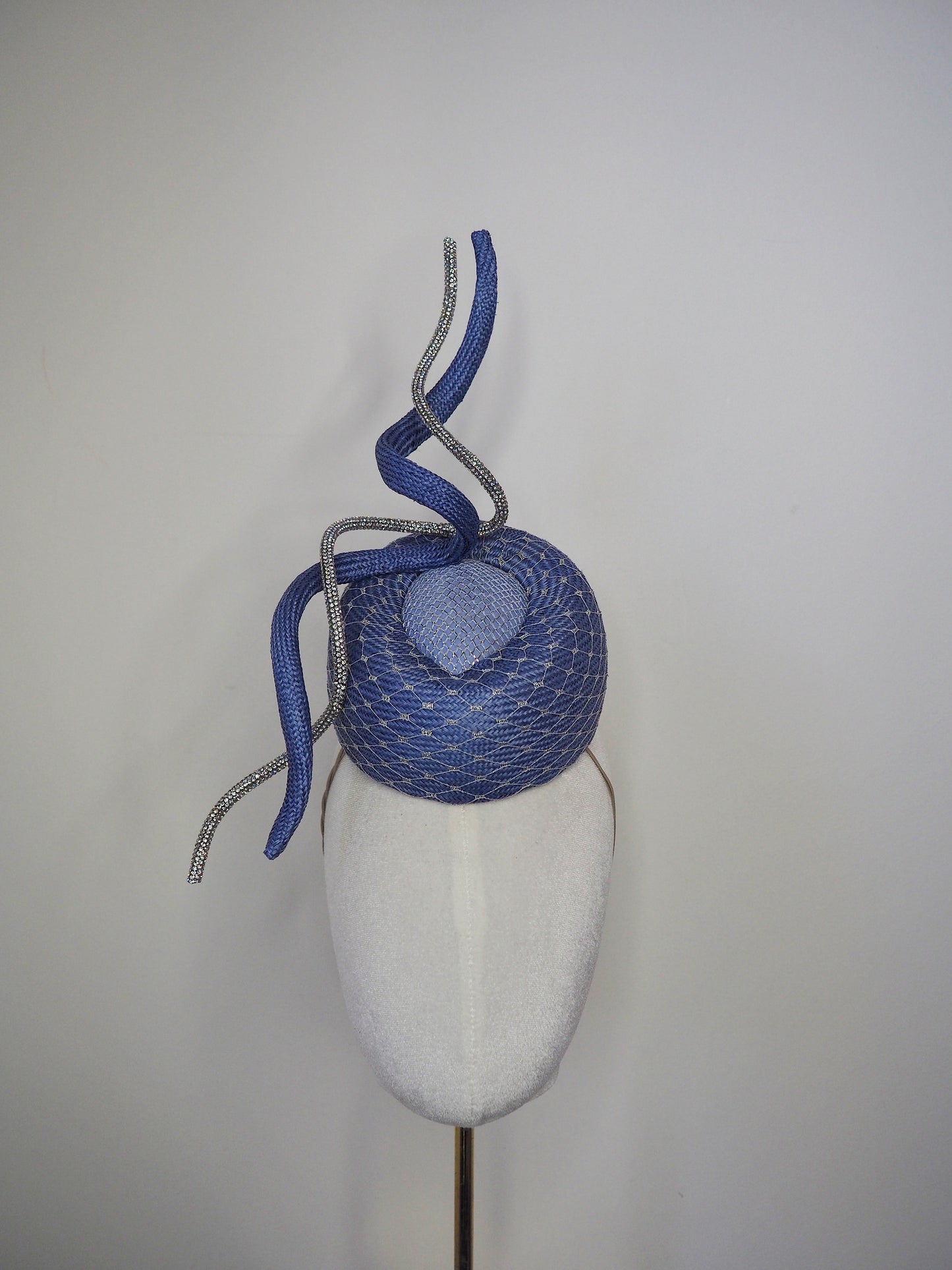 Baby blues - cornflower straw pork pie pillbox with silver veil detail and wired crystal rope swirl