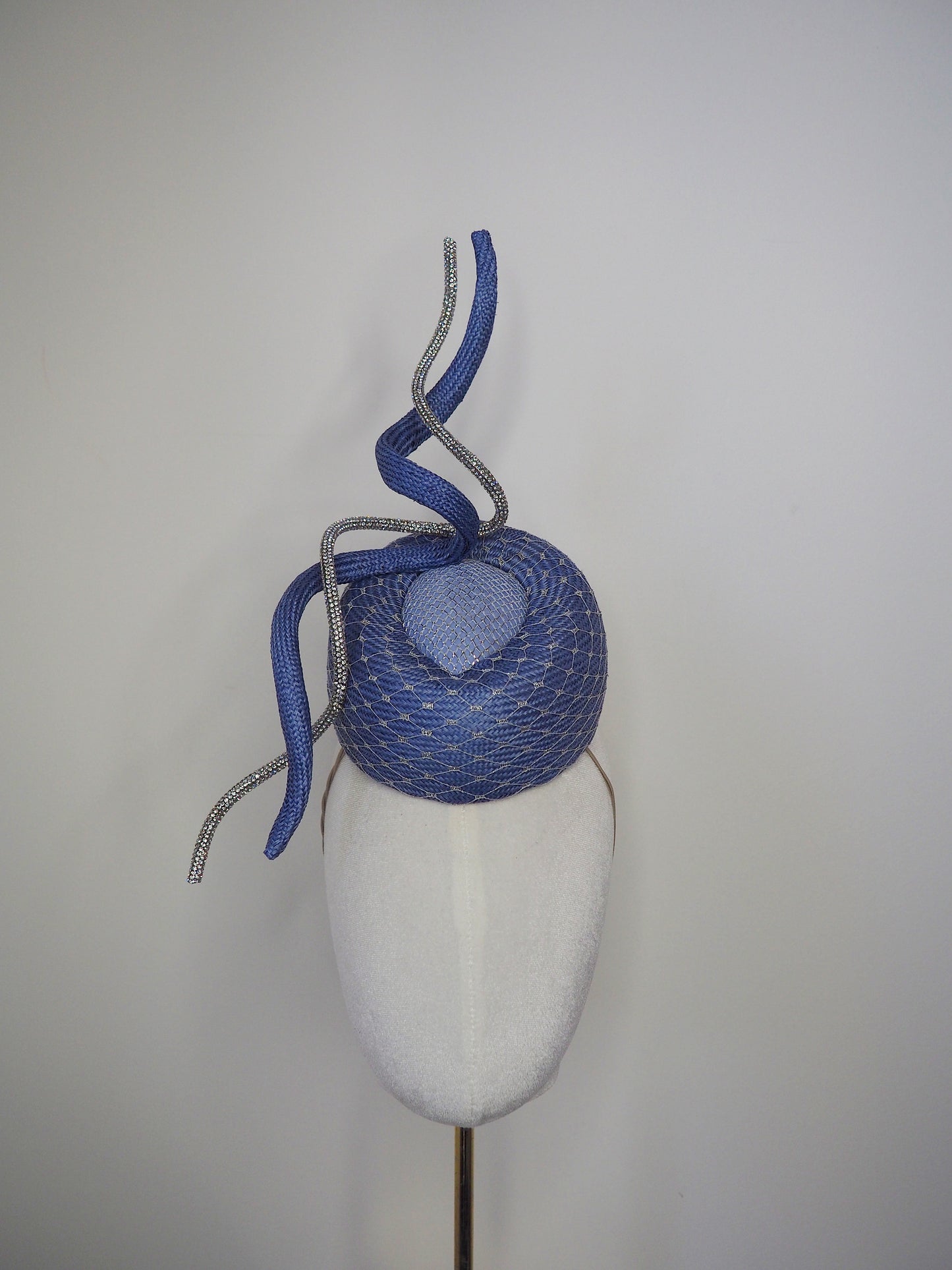 Baby blues - cornflower straw pork pie pillbox with silver veil detail and wired crystal rope swirl