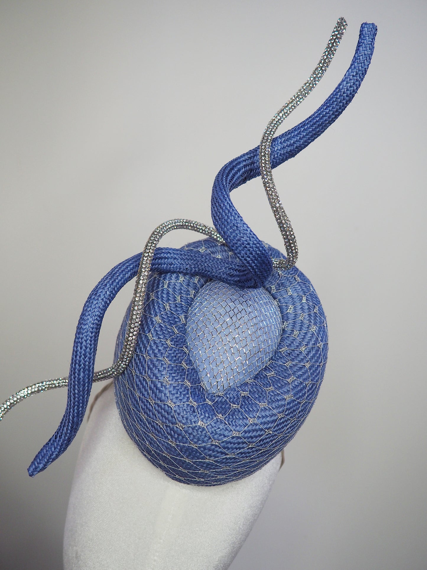 Baby blues - cornflower straw pork pie pillbox with silver veil detail and wired crystal rope swirl