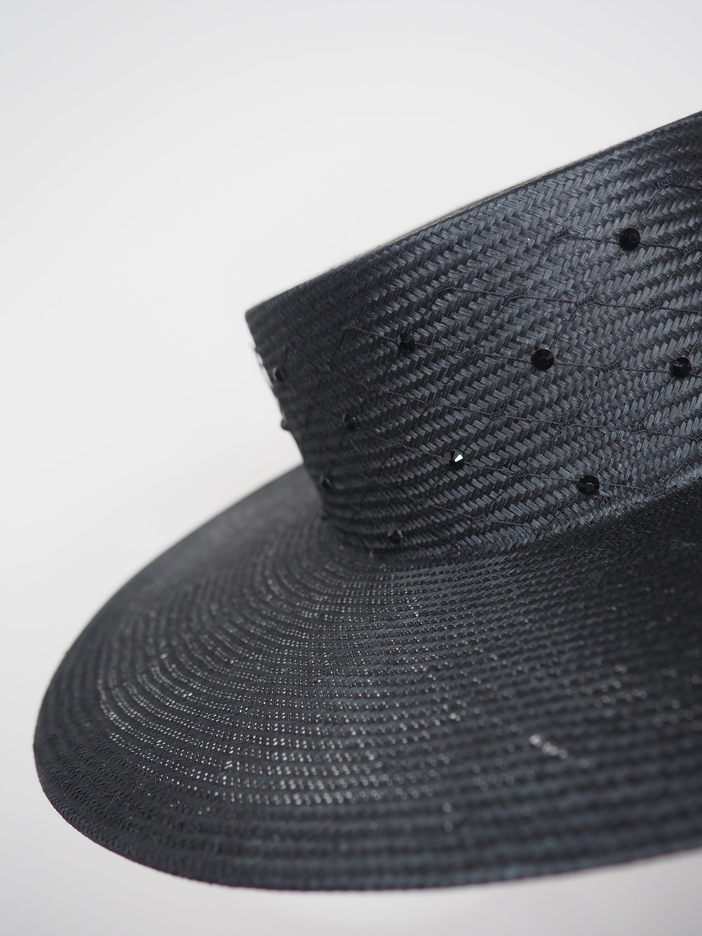 Black Stardust - Classic Black straw boater with crystal and veil detail
