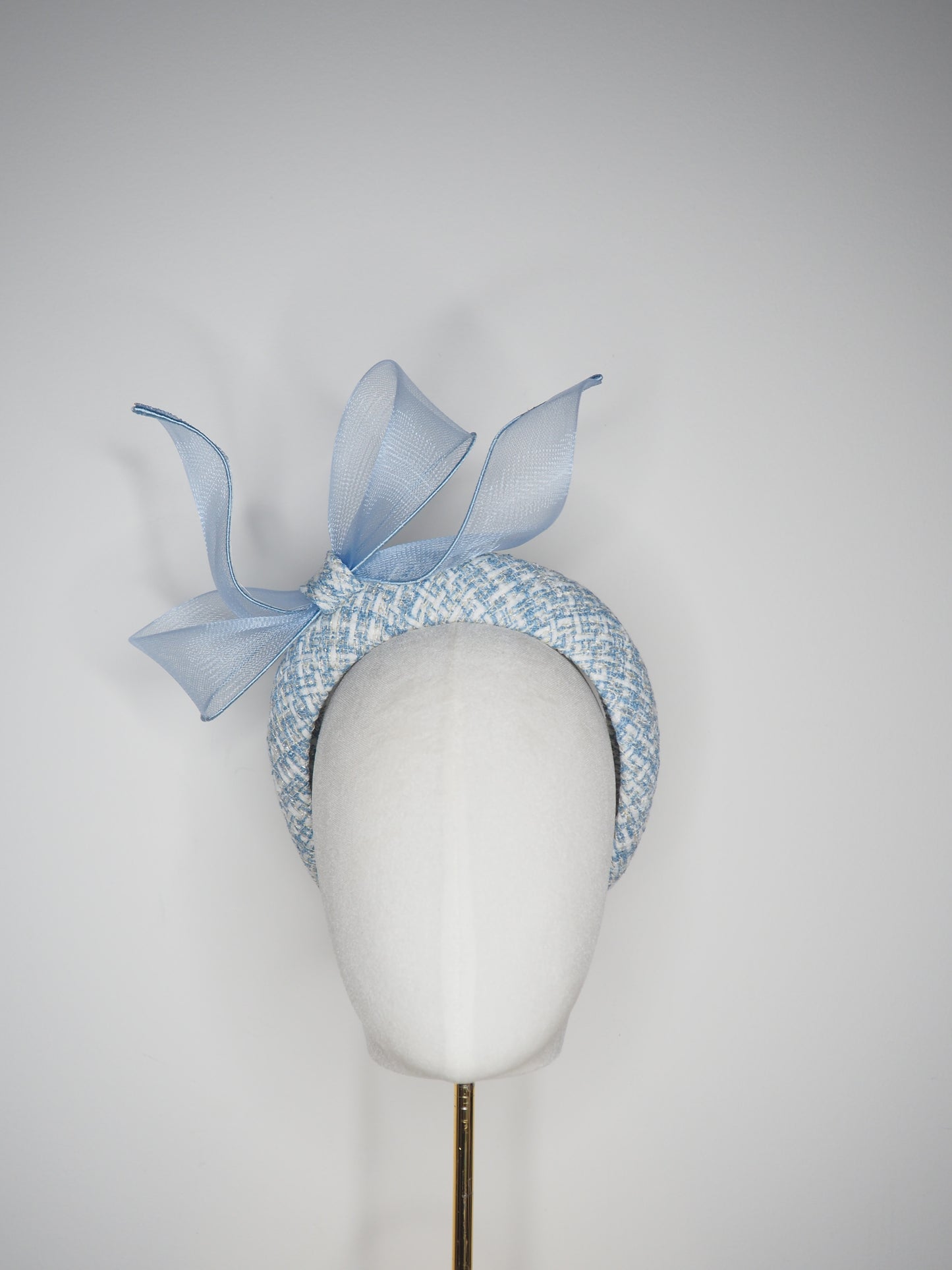 Little Bow -Baby Blue Tweed 3d headband with a wired crinoline bow