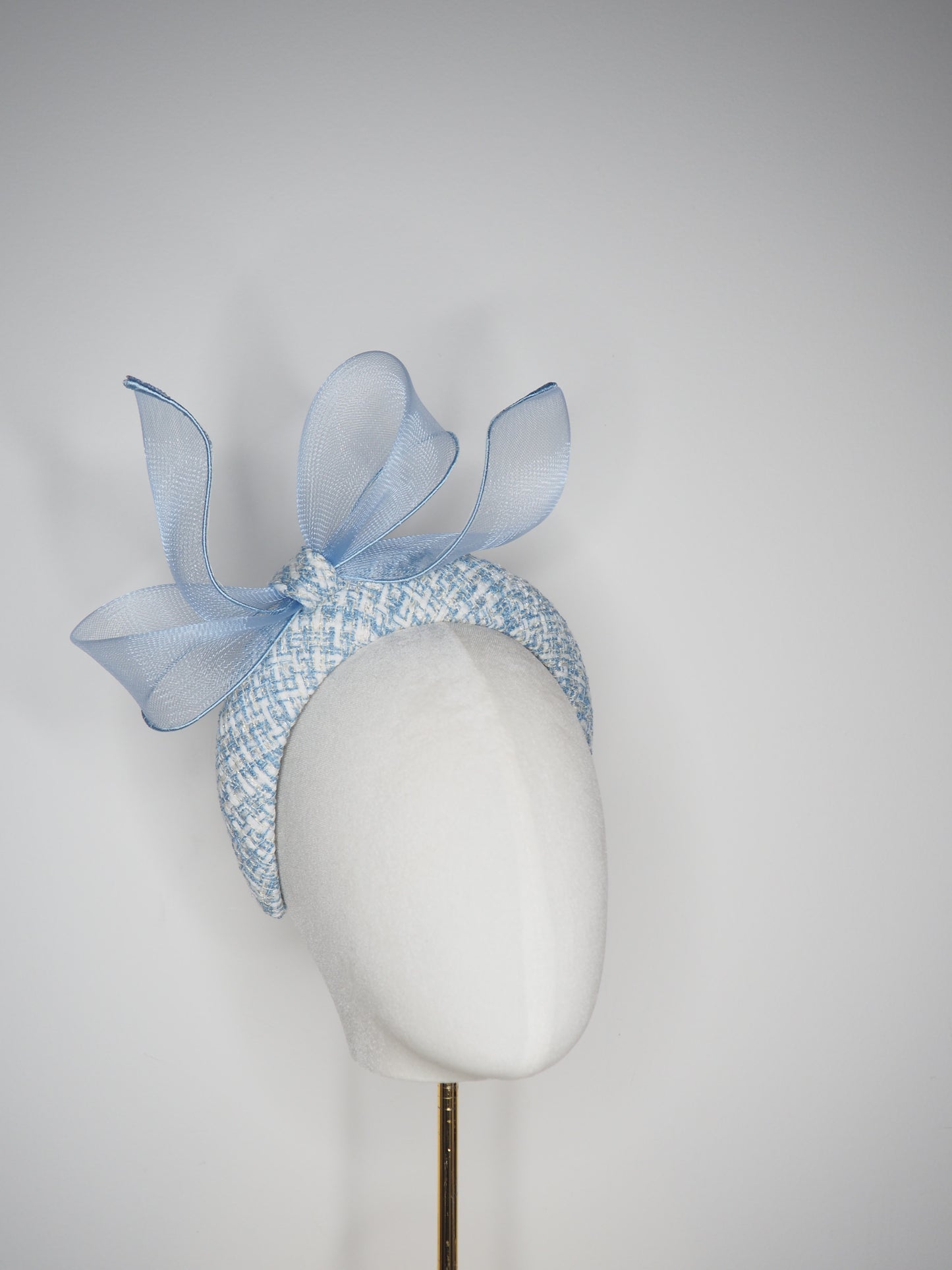 Little Bow -Baby Blue Tweed 3d headband with a wired crinoline bow