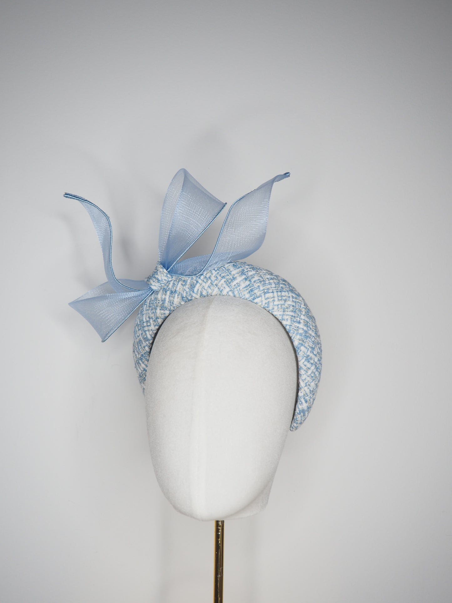 Little Bow -Baby Blue Tweed 3d headband with a wired crinoline bow