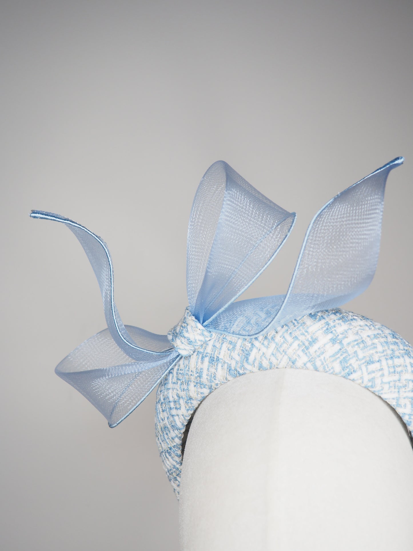 Little Bow -Baby Blue Tweed 3d headband with a wired crinoline bow