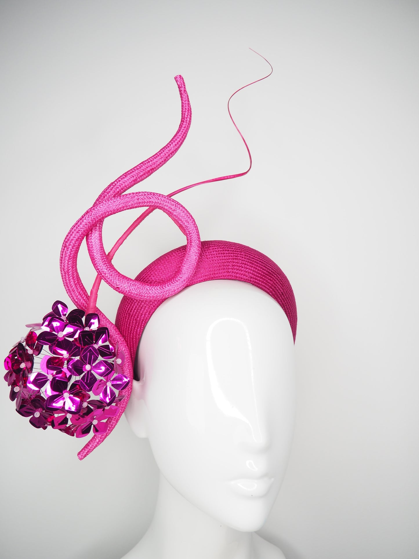Miss Magenta - Magenta parisissal headband with sculpted hot pink swirl and magenta sequin flower hydrangea.