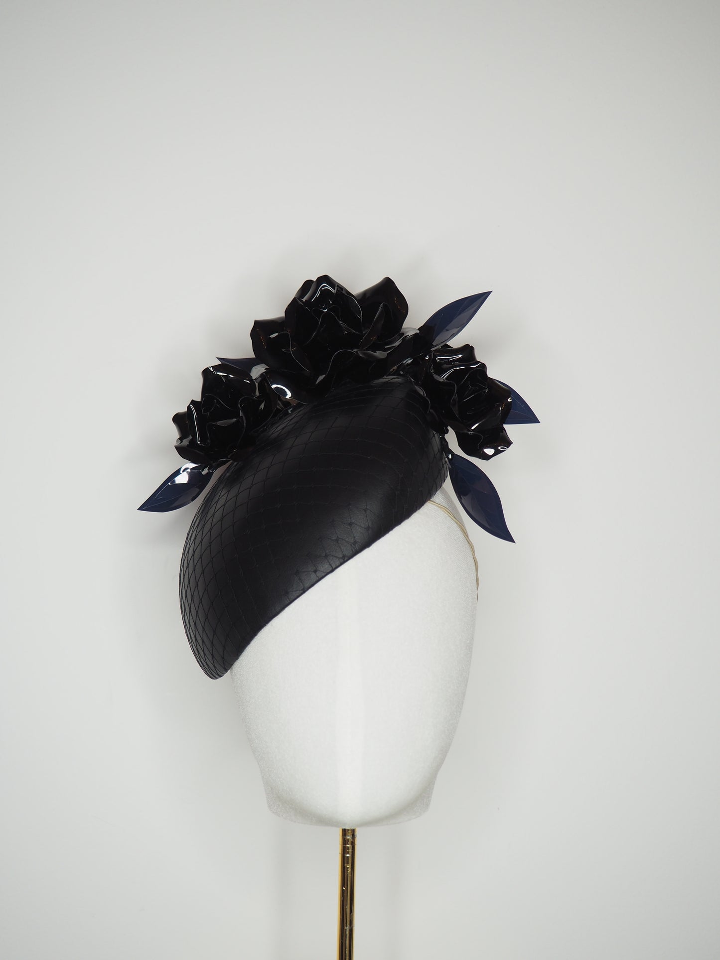 Enchantment - Black leather beret with black crystoform roses.