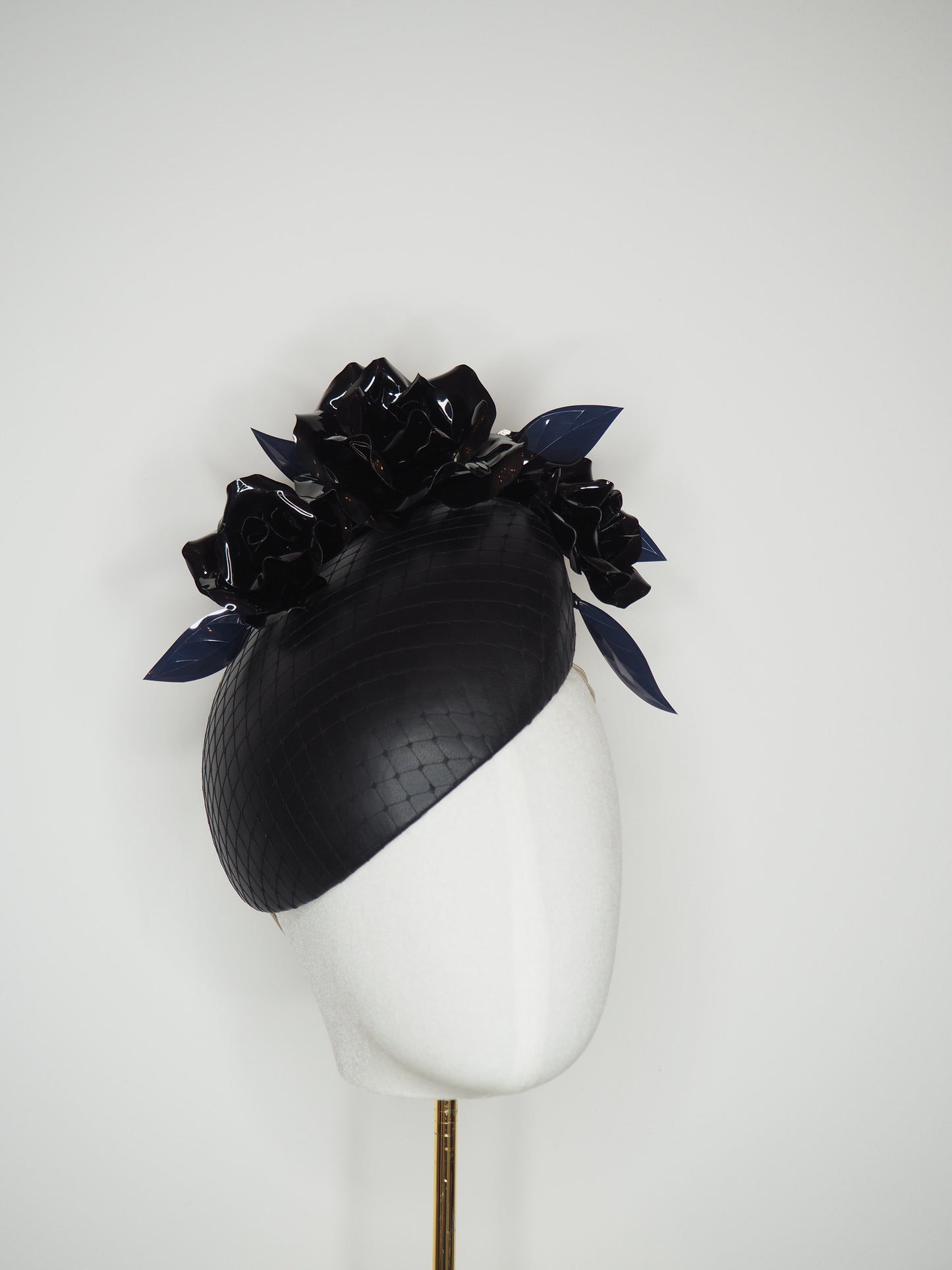 Enchantment - Black leather beret with black crystoform roses.