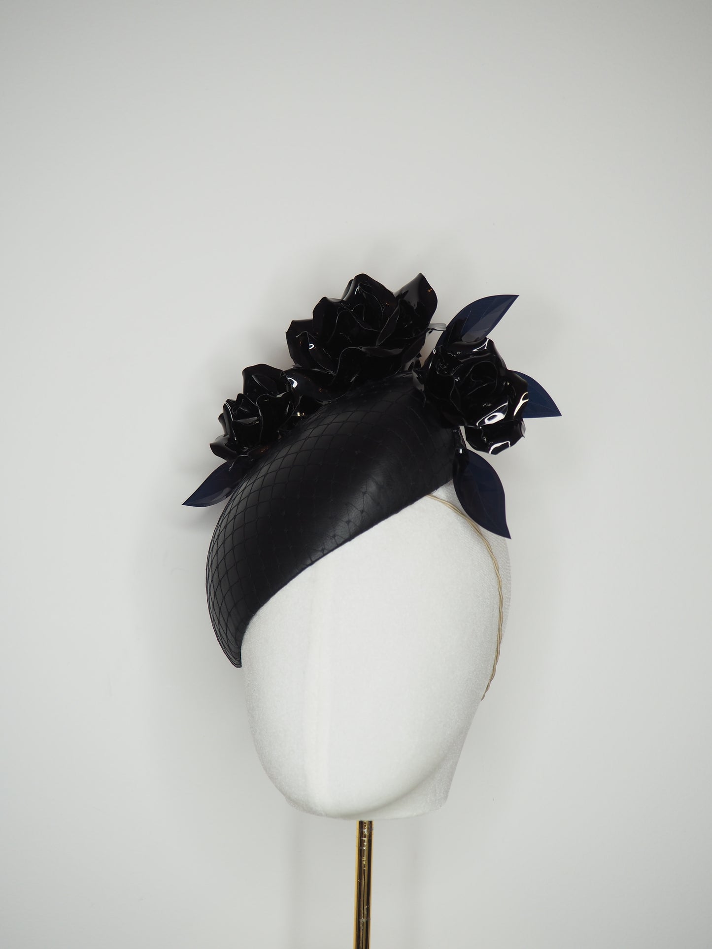 Enchantment - Black leather beret with black crystoform roses.
