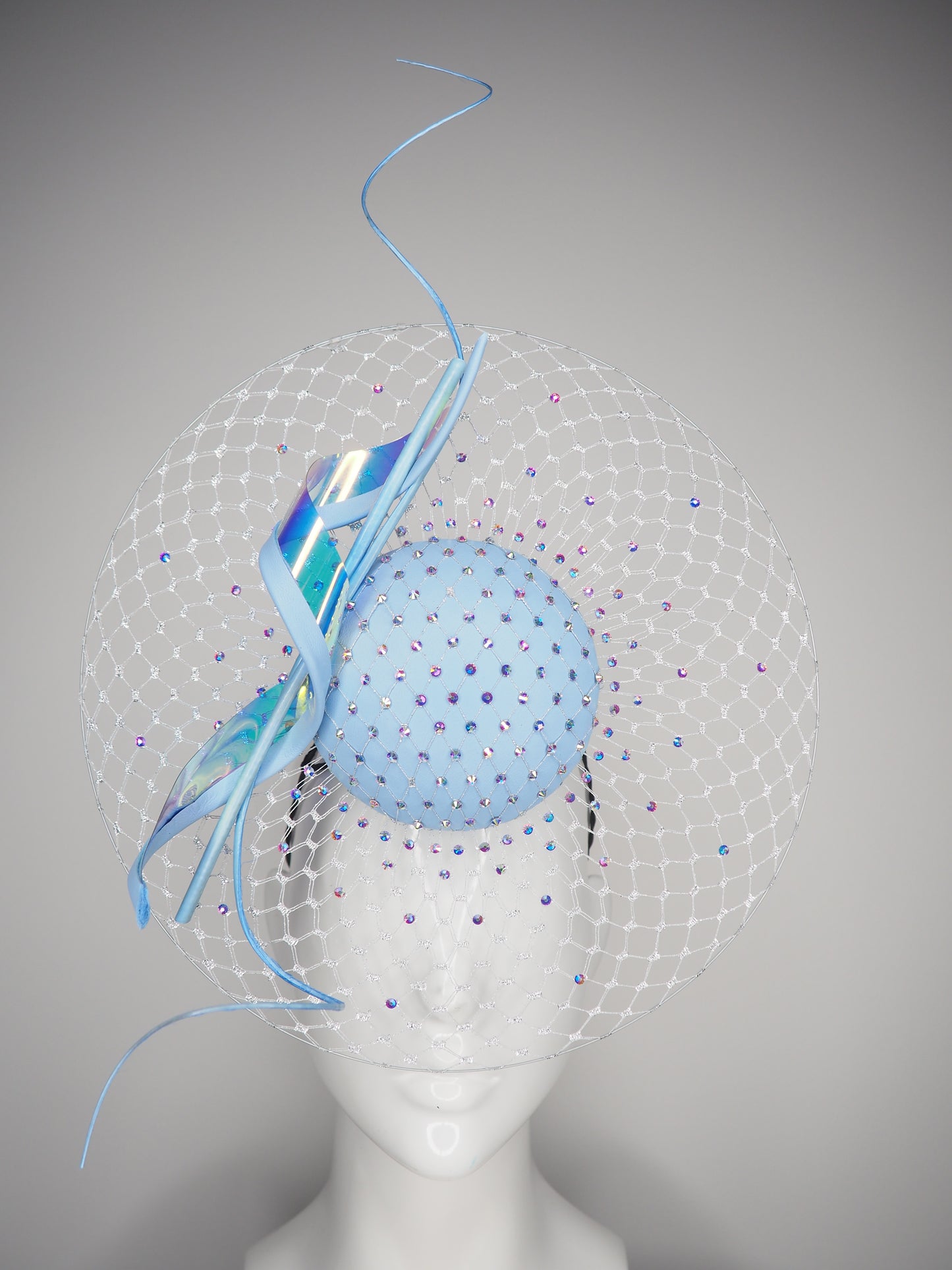 Blue Aurora - Baby blue leather veiled percher with silver veil and iridescent Aurora crystal detail