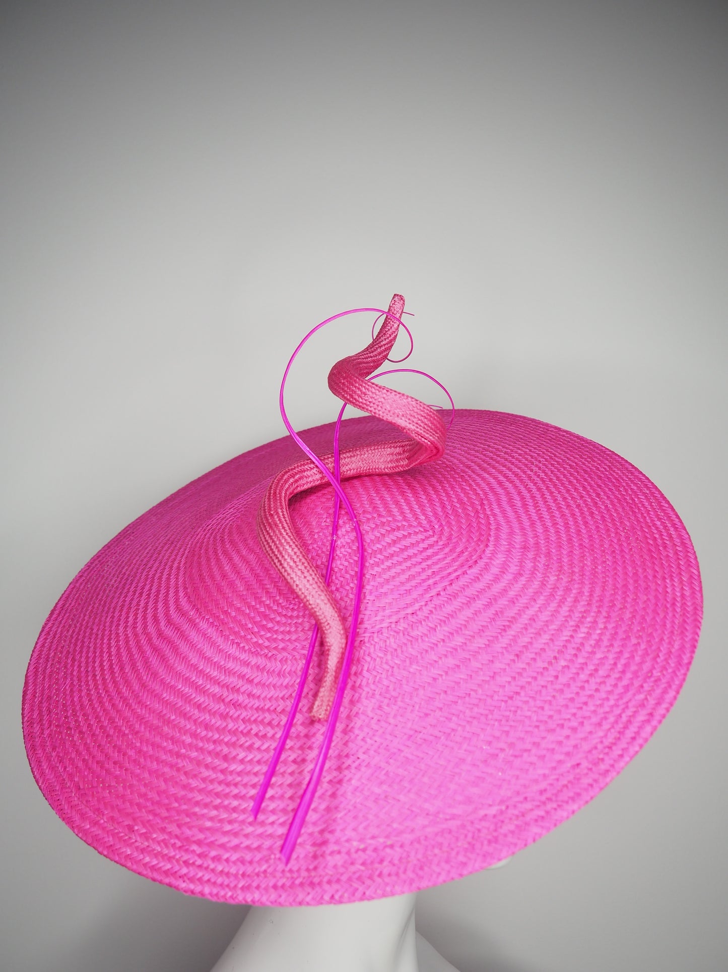 Bubbly and Bright- Carmine Rose pink Buntal coolie brim with 3d straw swirl and quills
