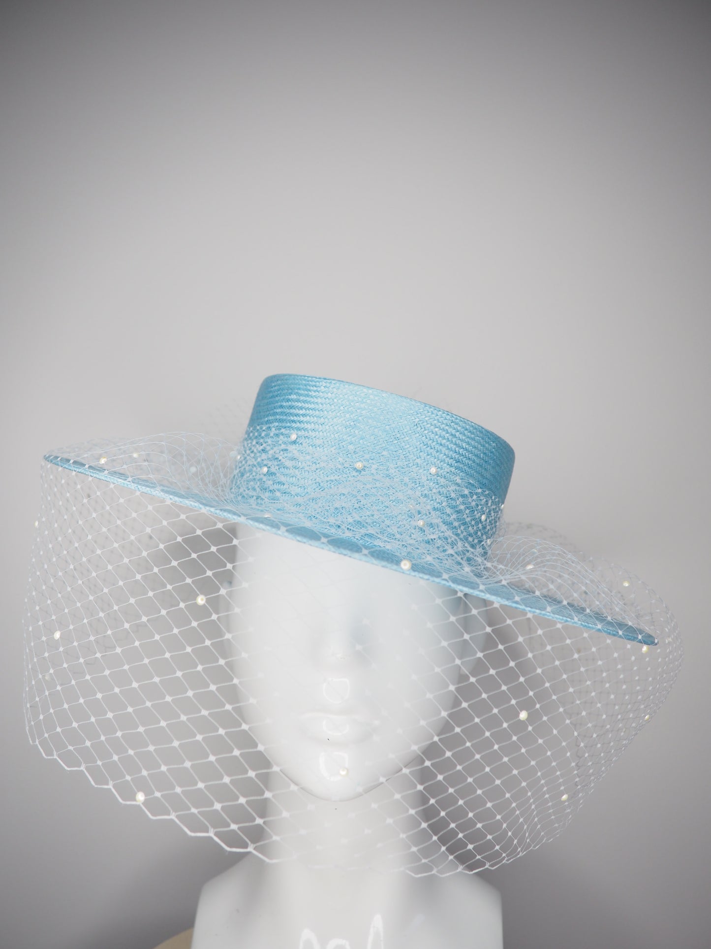 Baby Blues - Baby blue straw boater with pearl and veil detail