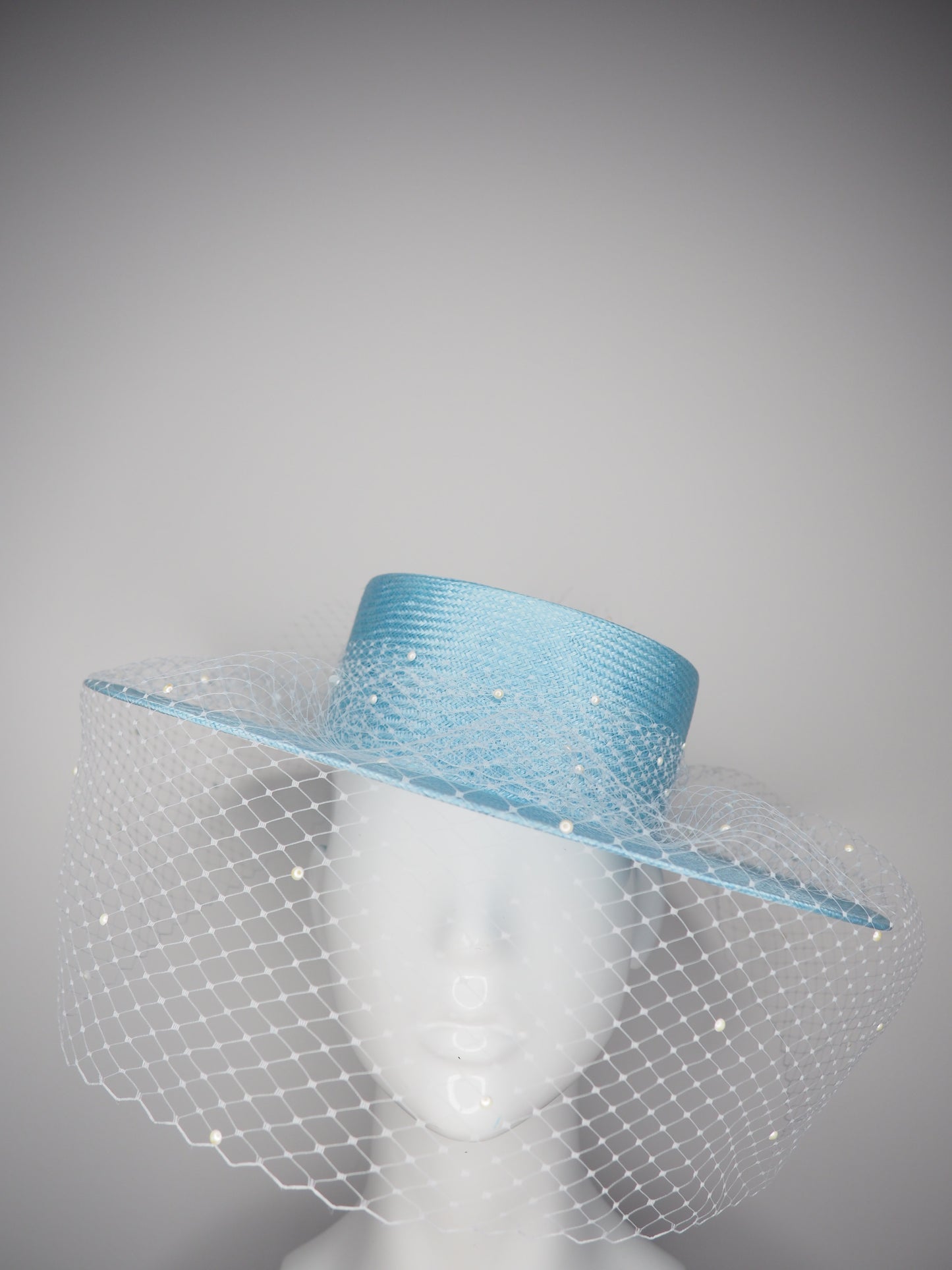 Baby Blues - Baby blue straw boater with pearl and veil detail