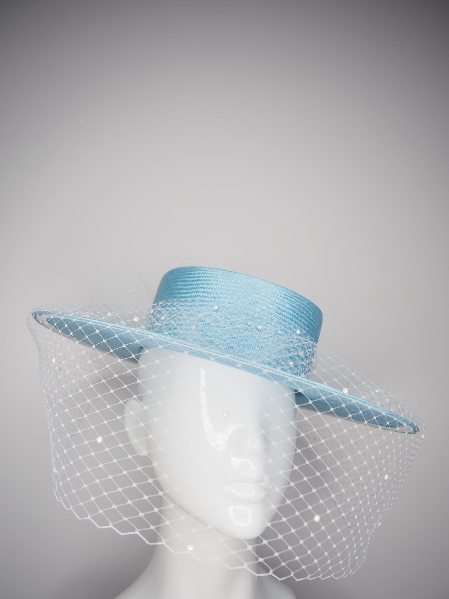 Baby Blues - Baby blue straw boater with pearl and veil detail