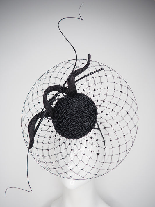 Sparkles at Night -   Black vintage straw and leather veiled percher with black veil and crystal detail