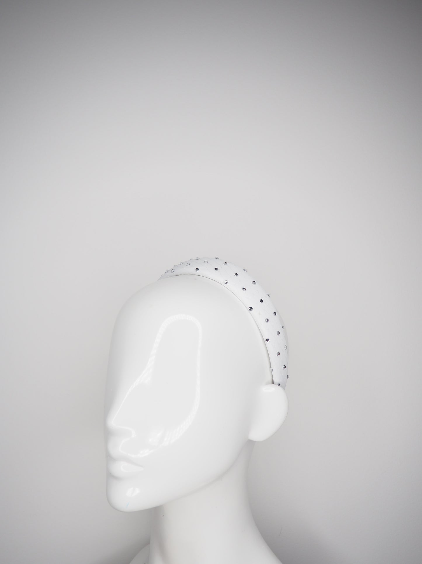 Zoe Sparkle - Leather padded headband with veil and Crystal Detail - White leather with clear diamantés