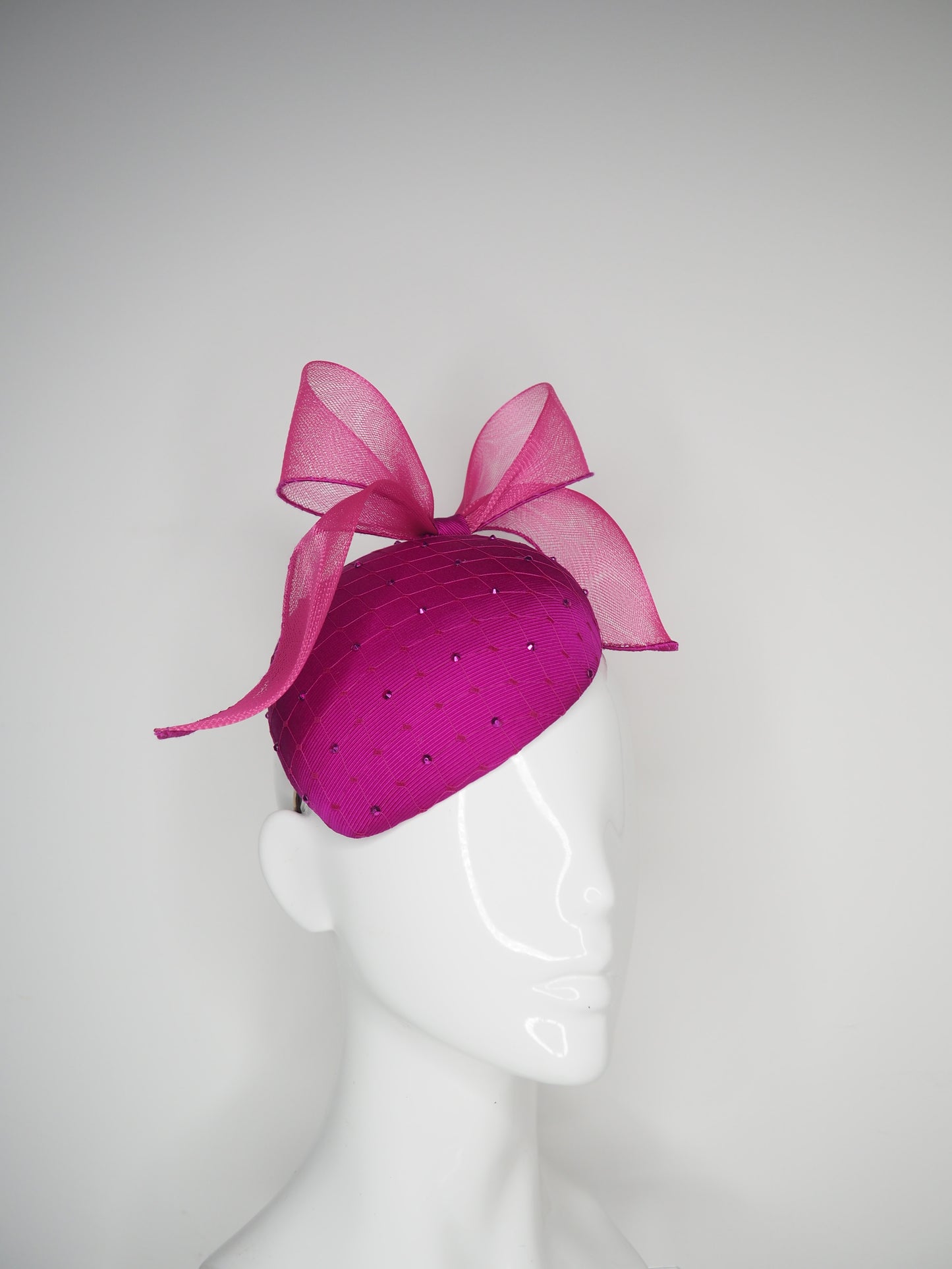 Windswept Miss Magenta - Magenta fabric petite tear drop beret with embellished veiling detail and windswept crinoline