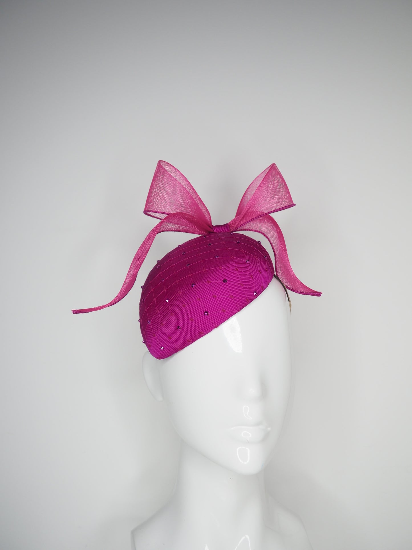 Windswept Miss Magenta - Magenta fabric petite tear drop beret with embellished veiling detail and windswept crinoline