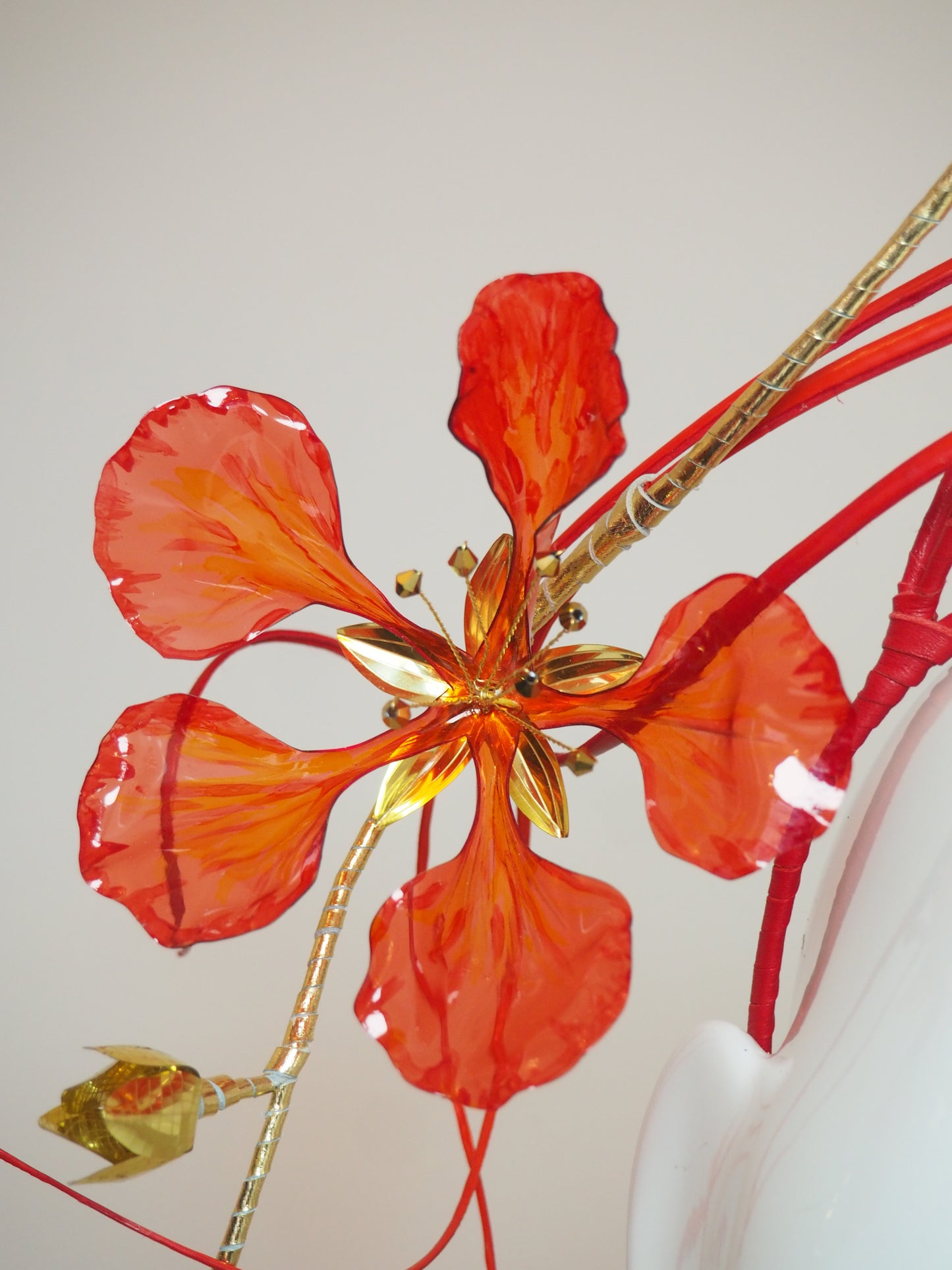 Paint the Town Red - Painted crystoform Flame Tree Bloom with golden buds and a flourish of quills