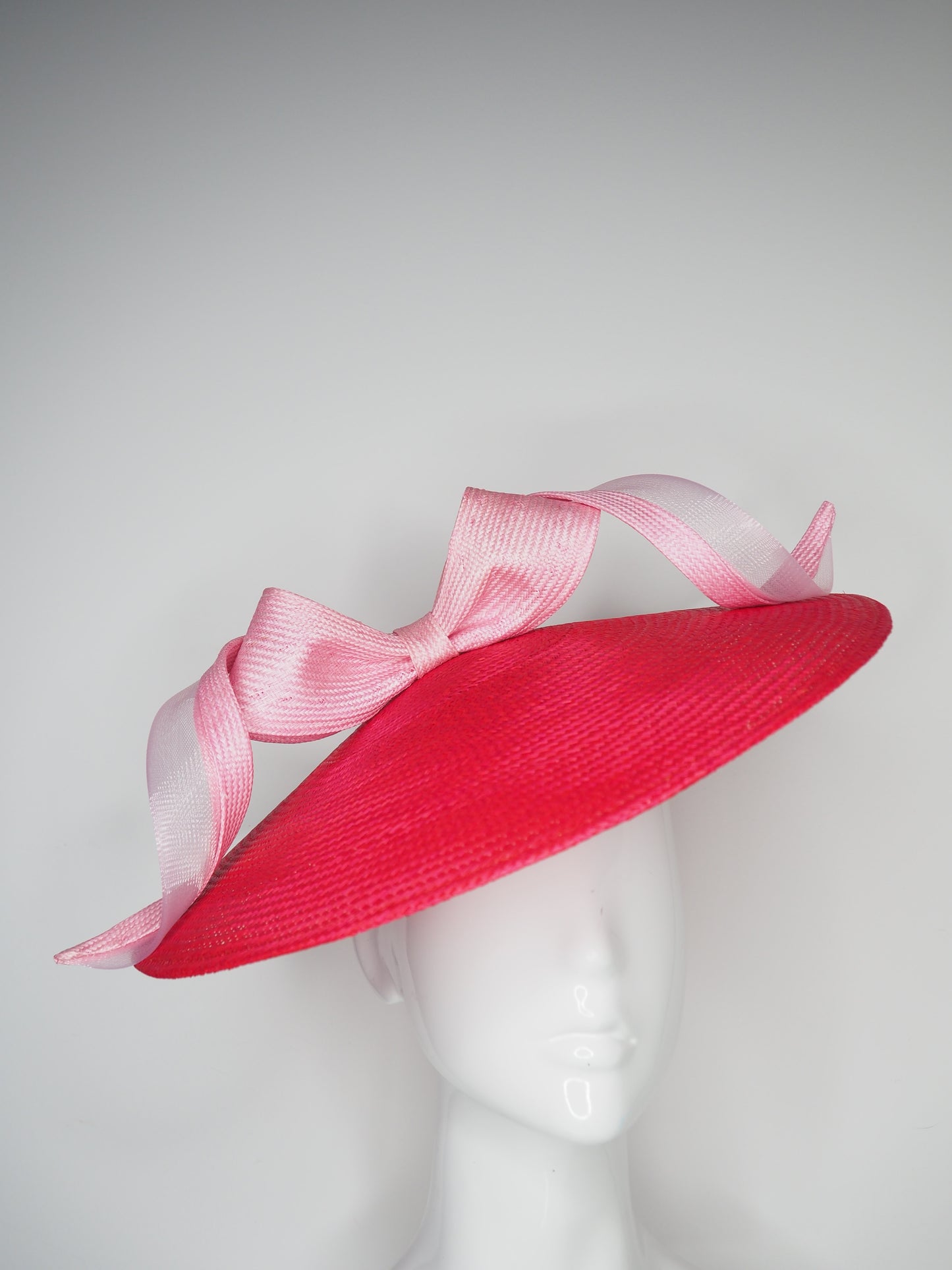 Beautiful Bow - Baby Pink crinoline edged Bow on a raspberry red coolie buntal base